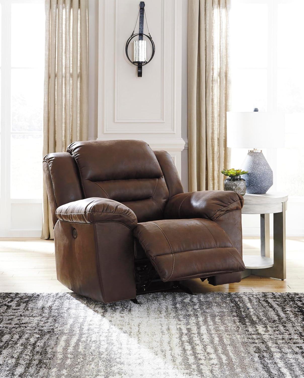 imageSignature Design by Ashley Stoneland Faux Leather Manual Double Reclining Loveseat with Center Console Dark BrownBrown