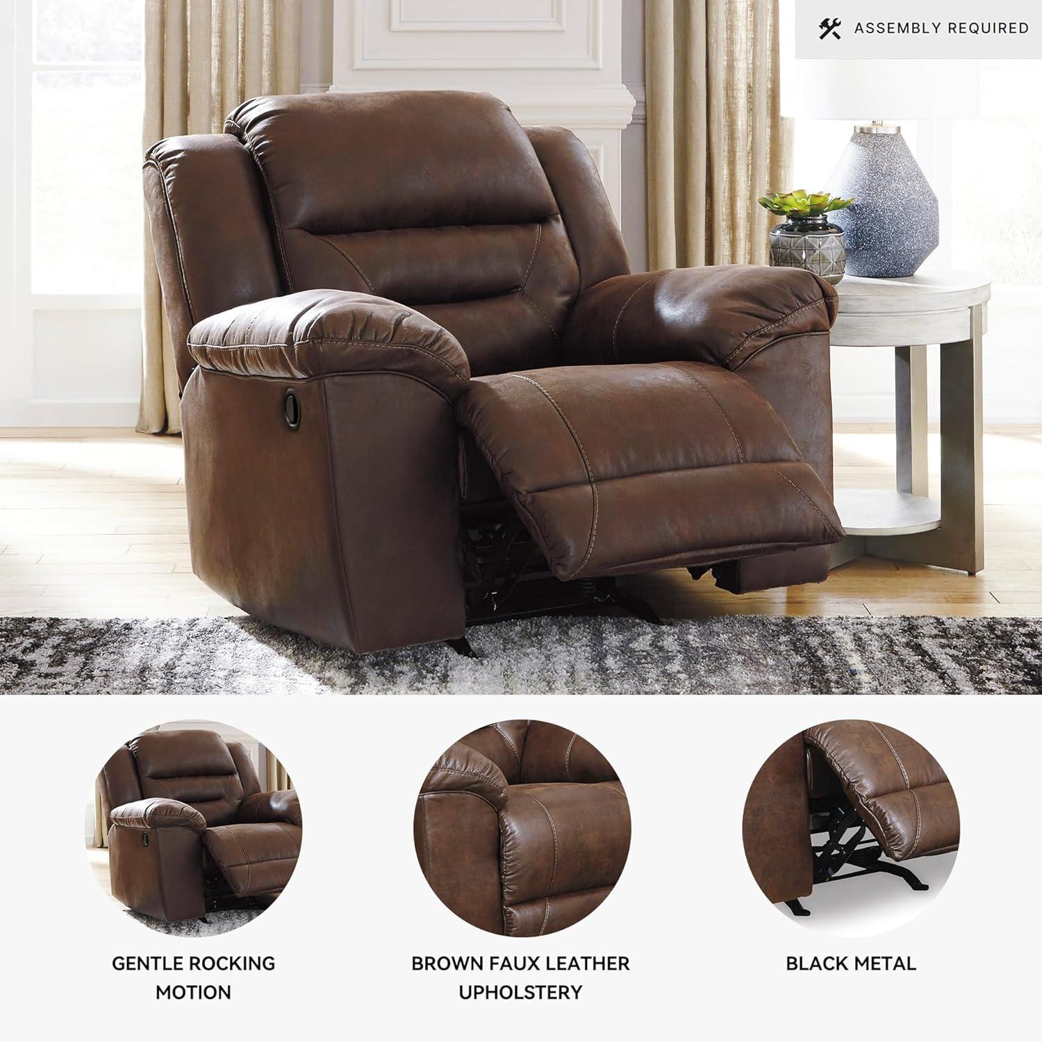 imageSignature Design by Ashley Stoneland Faux Leather Manual Double Reclining Loveseat with Center Console Dark BrownBrown