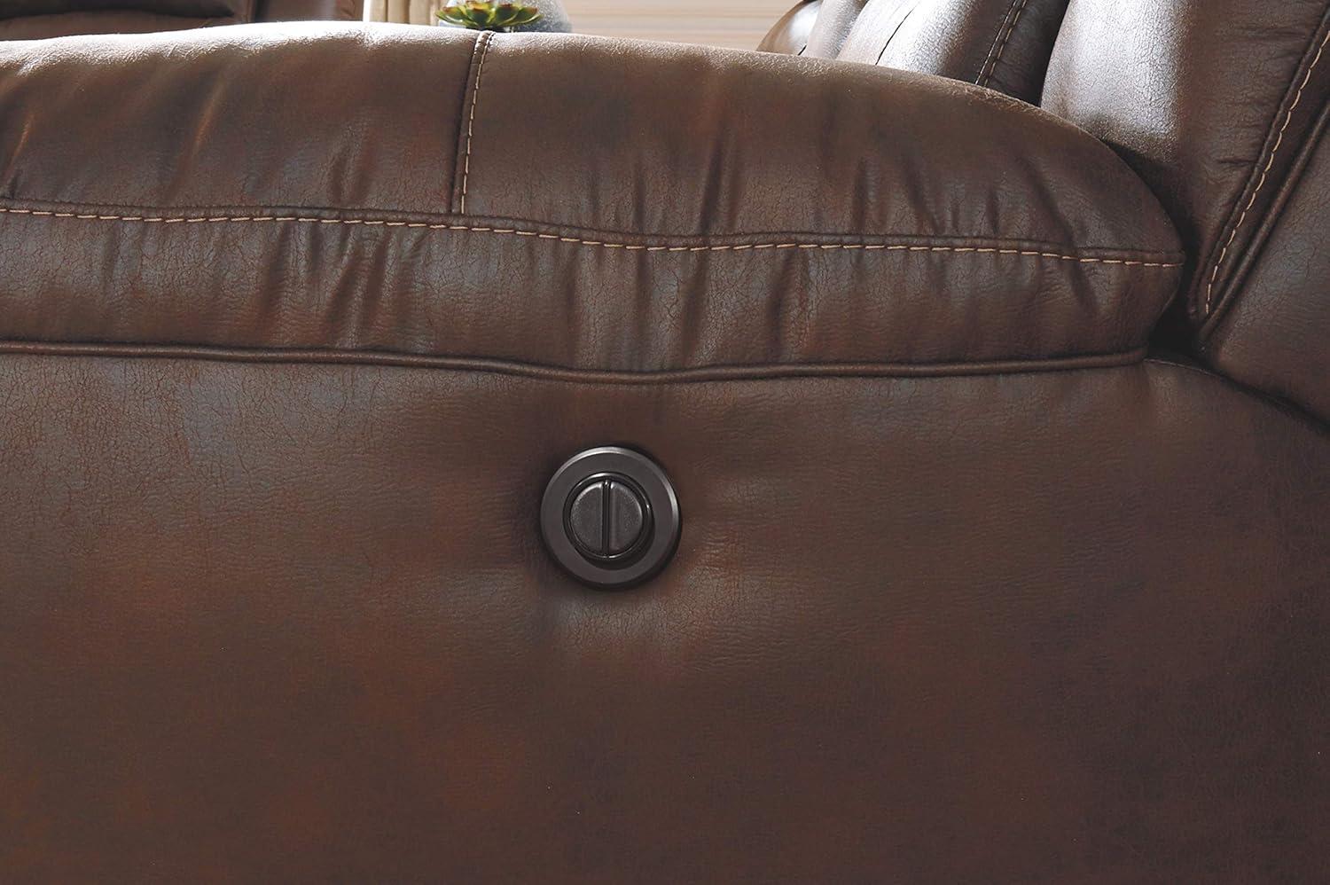 imageSignature Design by Ashley Stoneland Faux Leather Manual Double Reclining Loveseat with Center Console Dark BrownBrown