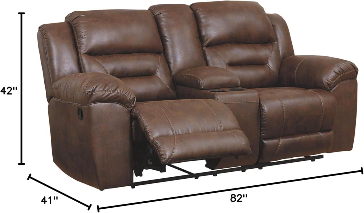 imageSignature Design by Ashley Stoneland Faux Leather Manual Double Reclining Loveseat with Center Console Dark BrownBrown