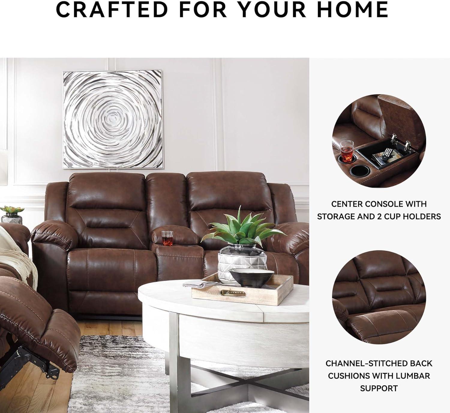 imageSignature Design by Ashley Stoneland Faux Leather Manual Double Reclining Loveseat with Center Console Dark BrownBrown