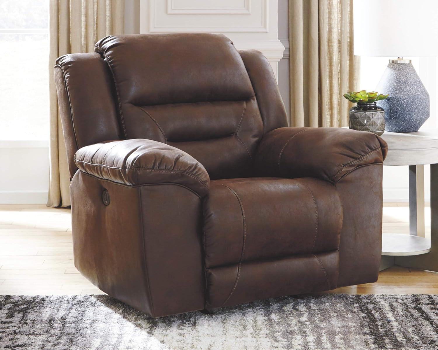 imageSignature Design by Ashley Stoneland Faux Leather Manual Double Reclining Loveseat with Center Console Dark BrownBrown