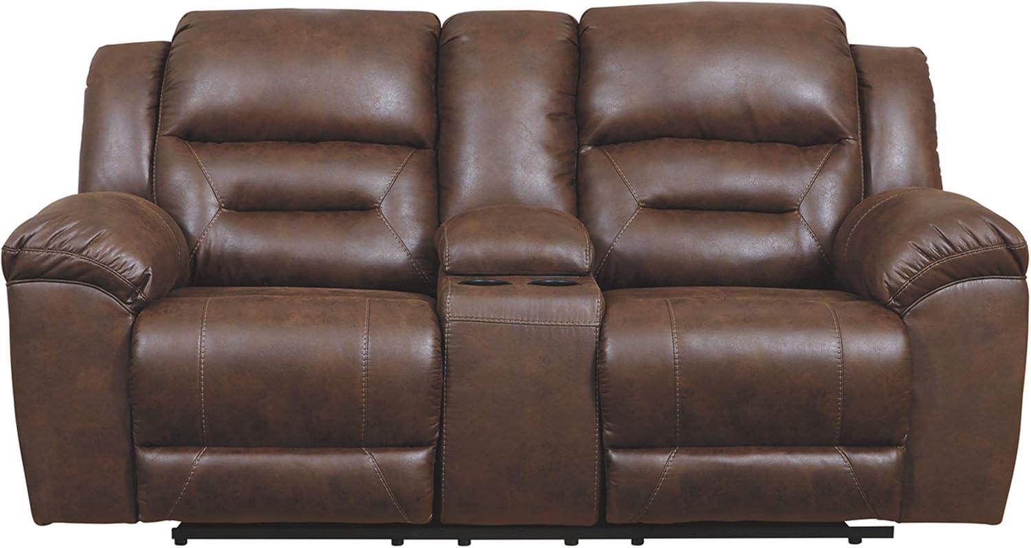 imageSignature Design by Ashley Stoneland Faux Leather Manual Double Reclining Loveseat with Center Console Dark BrownBrown