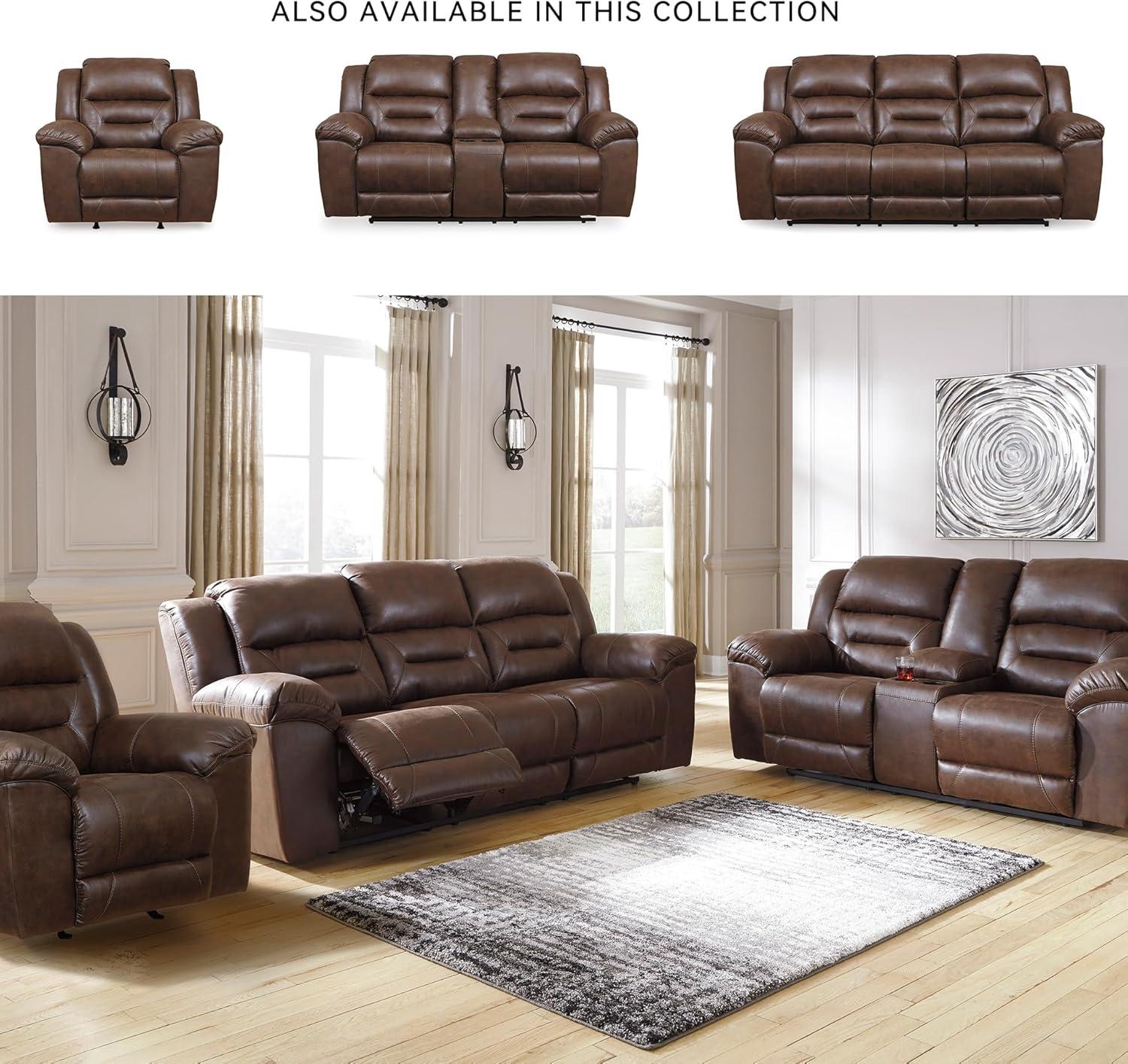 imageSignature Design by Ashley Stoneland Faux Leather Manual Double Reclining Loveseat with Center Console Dark BrownBrown