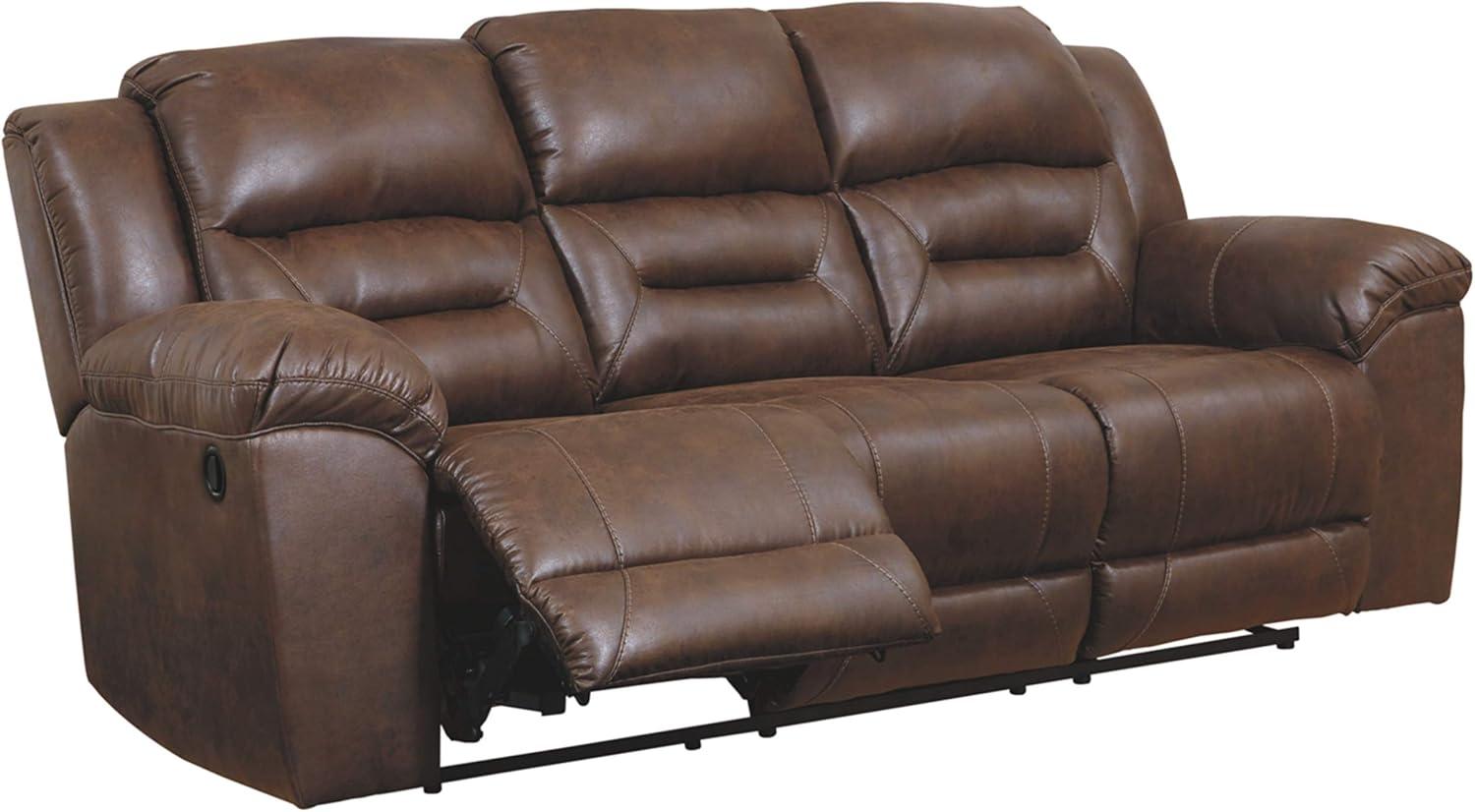 imageSignature Design by Ashley Stoneland Faux Leather Manual Double Reclining Loveseat with Center Console Dark BrownBrown