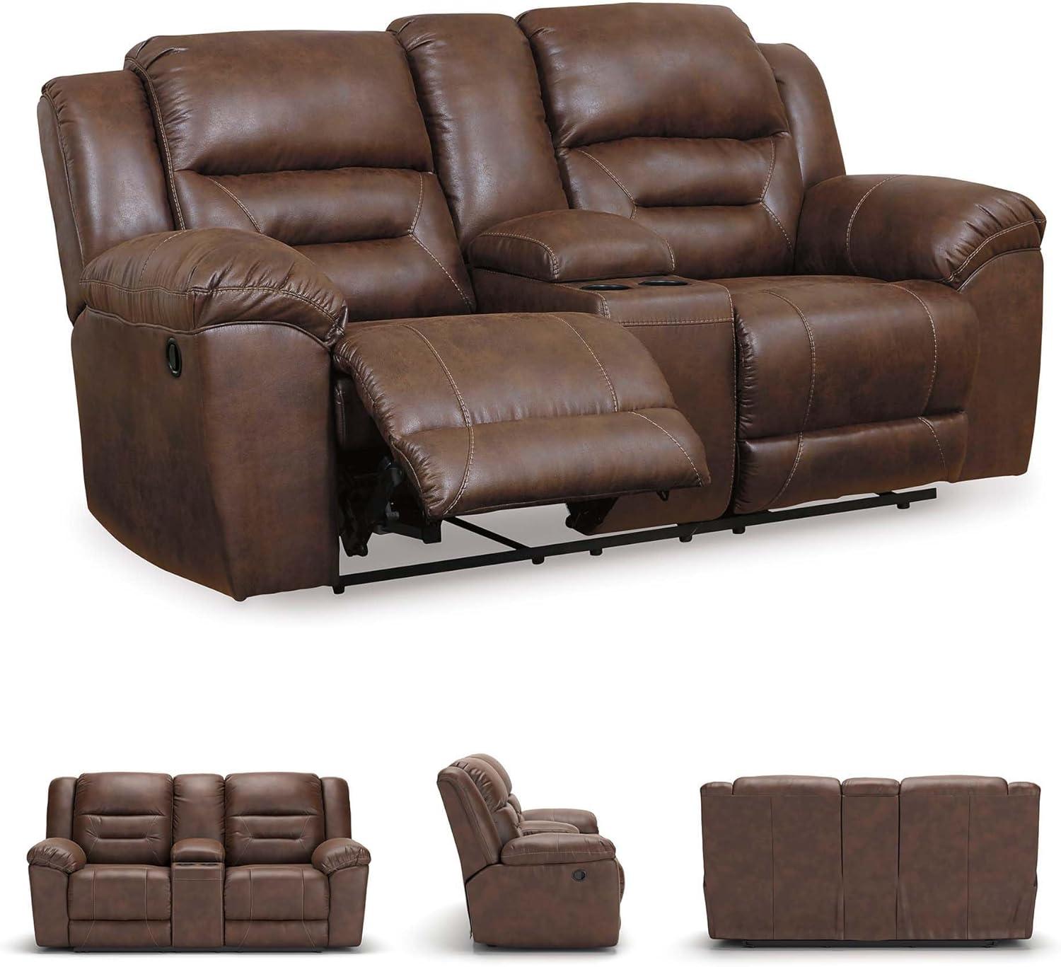 imageSignature Design by Ashley Stoneland Faux Leather Manual Double Reclining Loveseat with Center Console Dark BrownBrown
