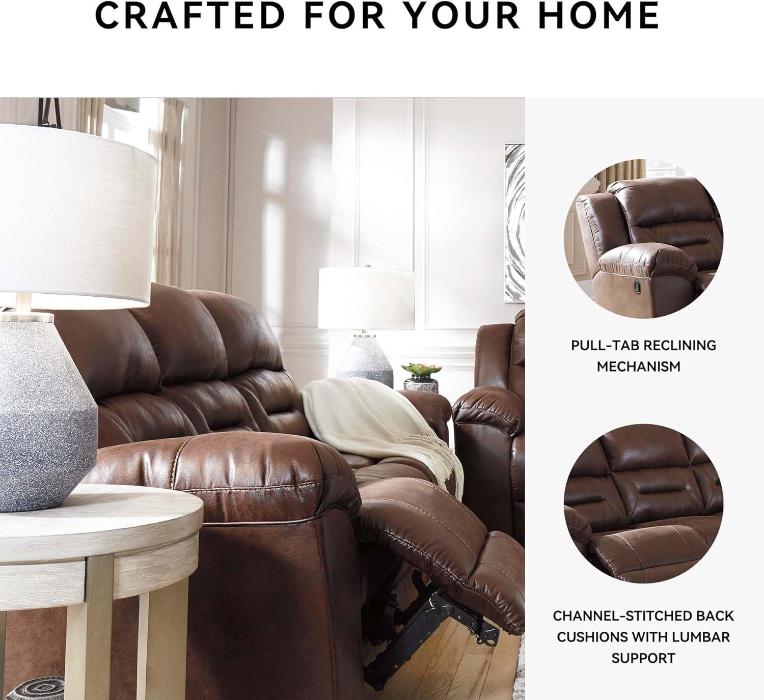 imageSignature Design by Ashley Stoneland Faux Leather Manual Double Reclining Loveseat with Center Console Dark BrownBrown