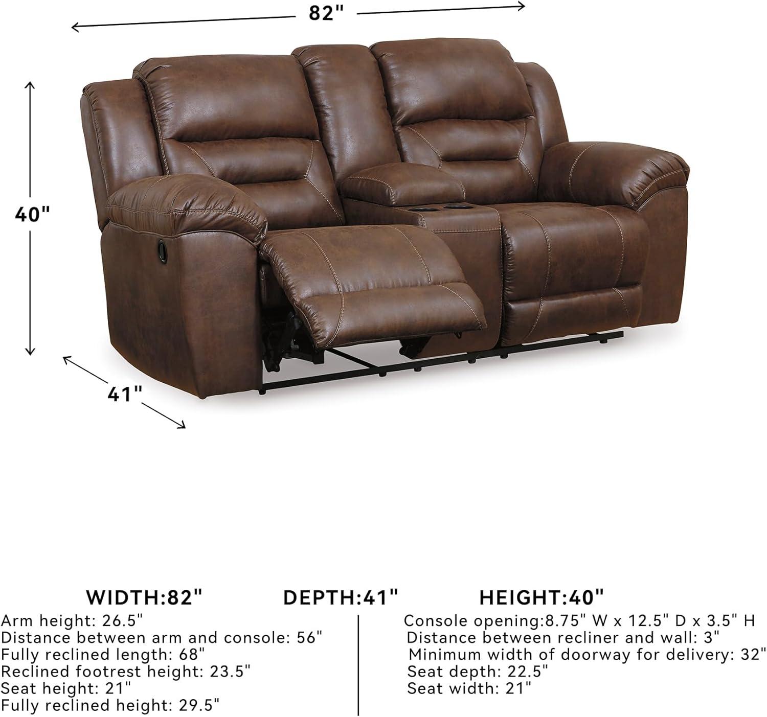 imageSignature Design by Ashley Stoneland Faux Leather Manual Double Reclining Loveseat with Center Console Dark BrownBrown