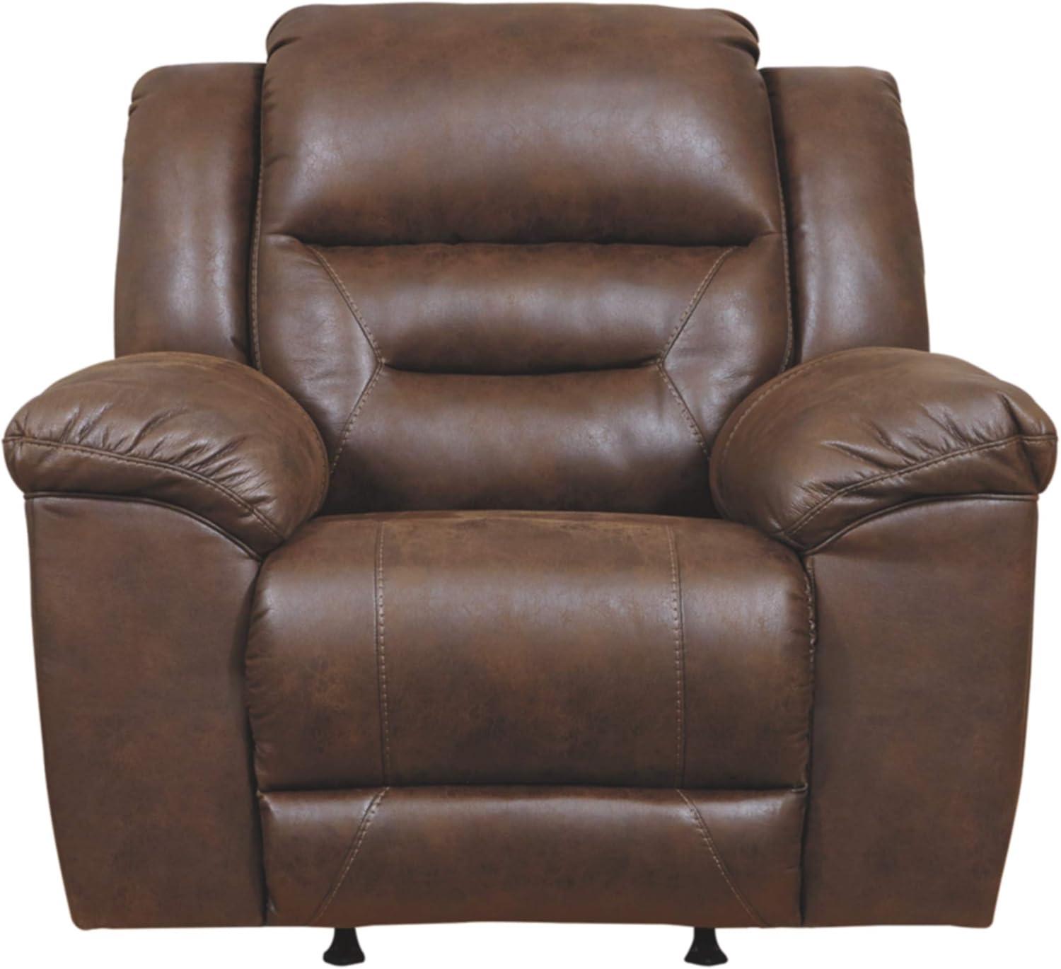 imageSignature Design by Ashley Stoneland Faux Leather Manual Double Reclining Loveseat with Center Console Dark BrownBrown