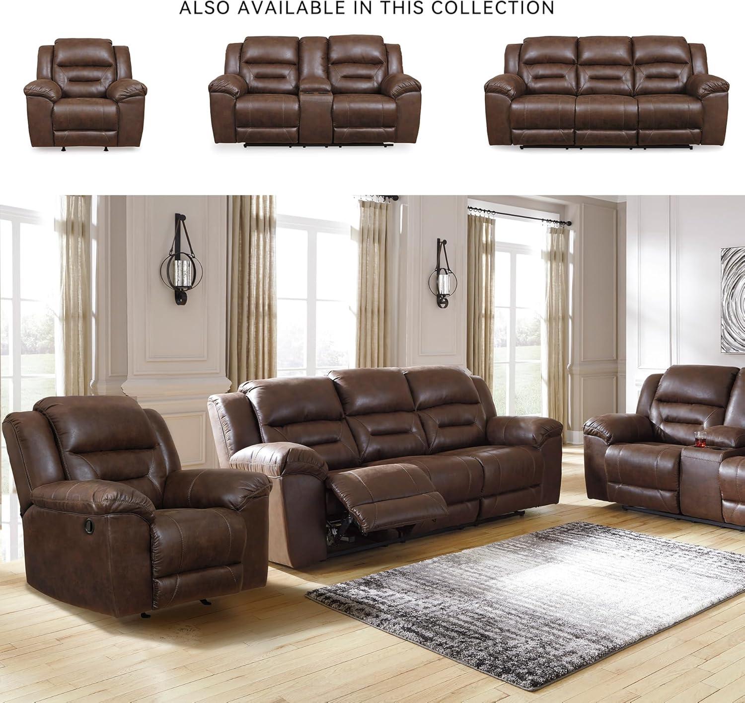 imageSignature Design by Ashley Stoneland Faux Leather Manual Double Reclining Loveseat with Center Console Dark BrownBrown