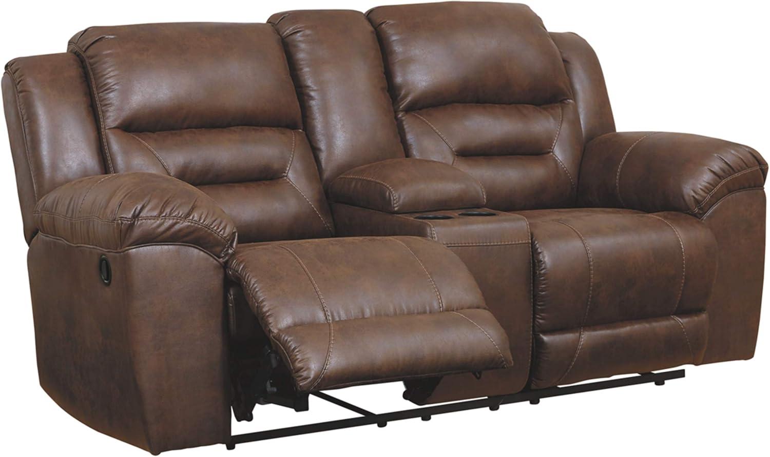 imageSignature Design by Ashley Stoneland Faux Leather Manual Double Reclining Loveseat with Center Console Dark BrownBrown