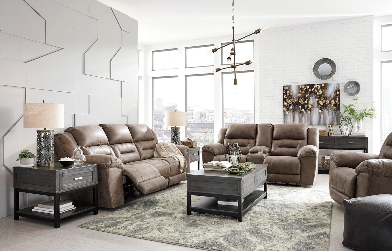 imageSignature Design by Ashley Stoneland Faux Leather Manual Double Reclining Loveseat with Center Console Dark BrownGrey