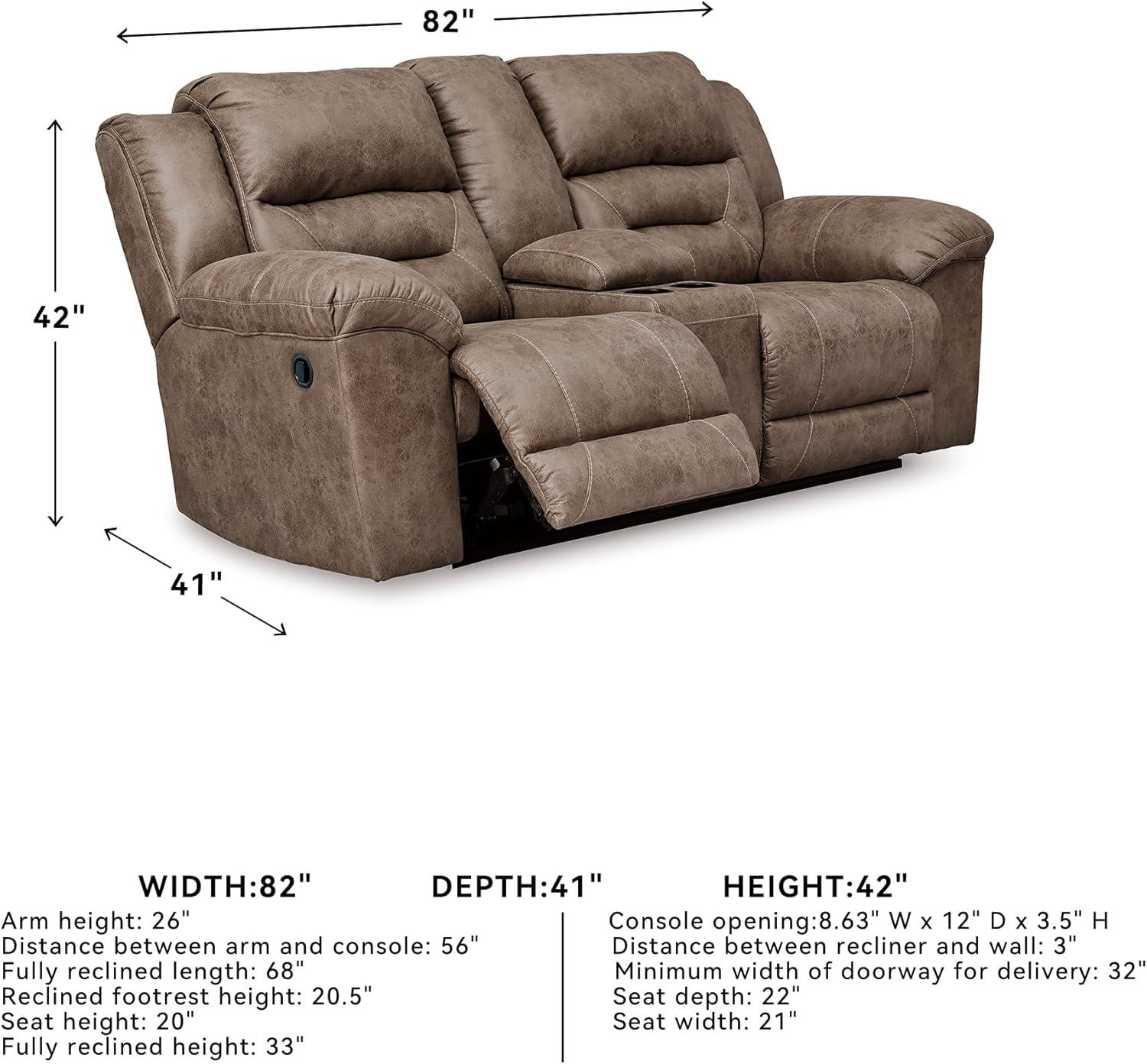 imageSignature Design by Ashley Stoneland Faux Leather Manual Double Reclining Loveseat with Center Console Dark BrownGrey