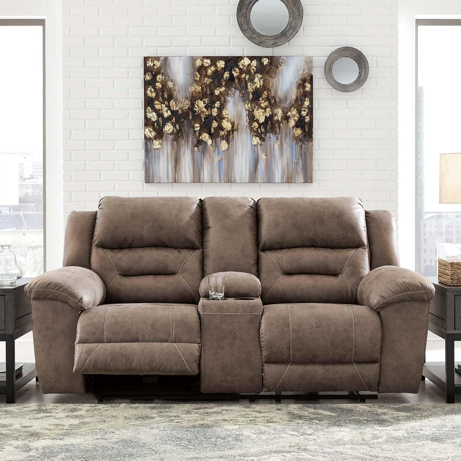 imageSignature Design by Ashley Stoneland Faux Leather Manual Double Reclining Loveseat with Center Console Dark BrownGrey