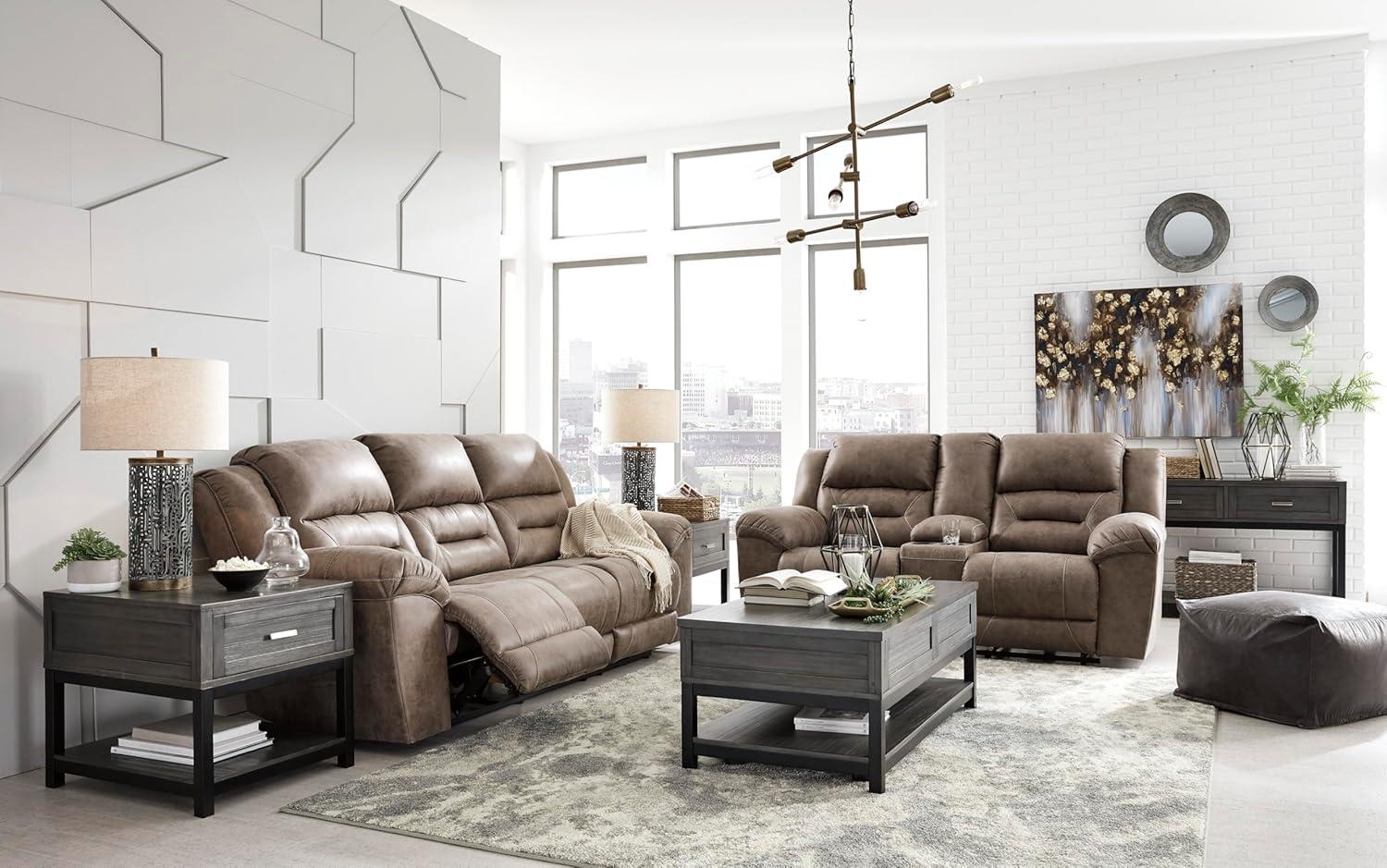 imageSignature Design by Ashley Stoneland Faux Leather Manual Double Reclining Loveseat with Center Console Dark BrownGrey