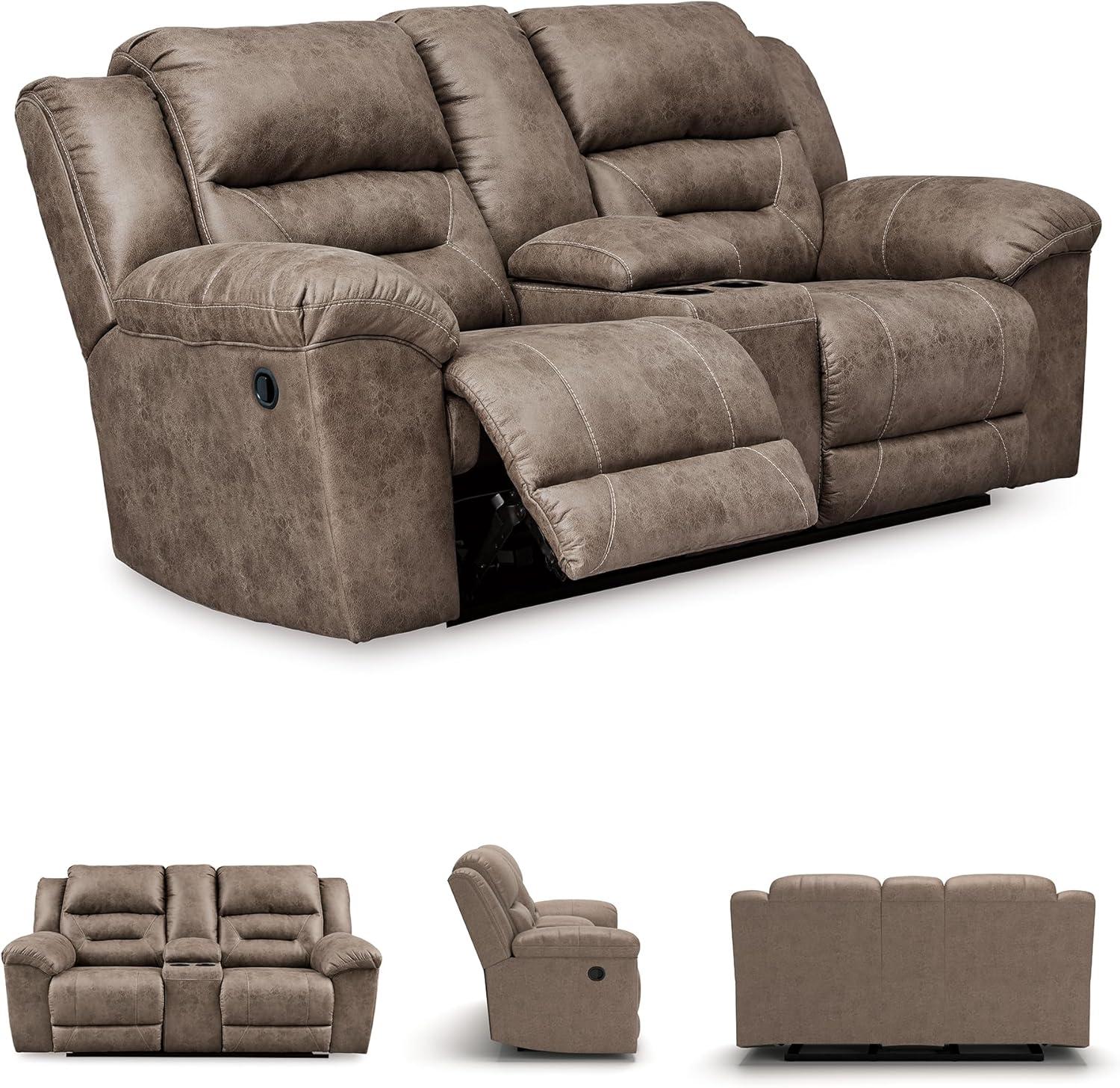 imageSignature Design by Ashley Stoneland Faux Leather Manual Double Reclining Loveseat with Center Console Dark BrownGrey