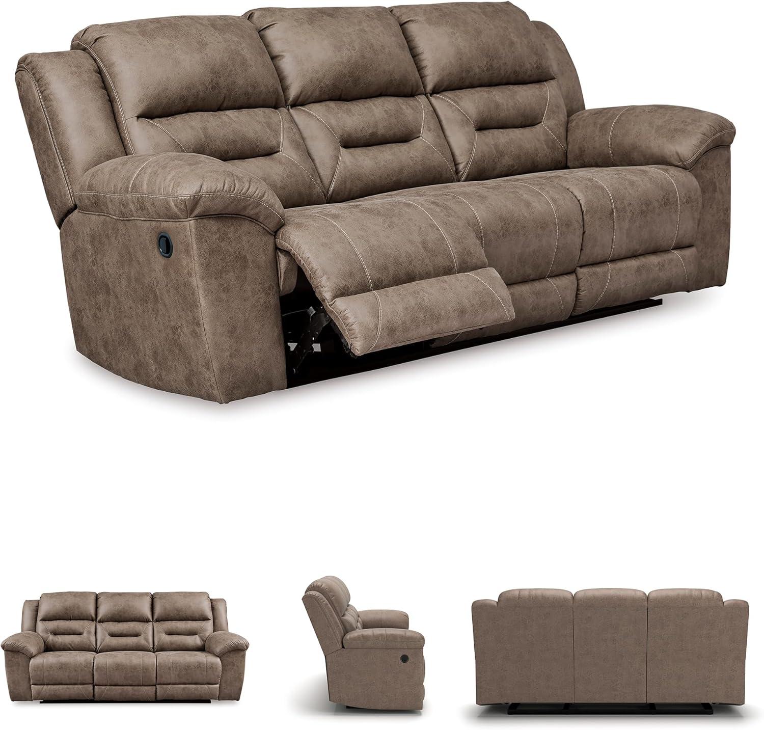 imageSignature Design by Ashley Stoneland Faux Leather Manual Double Reclining Loveseat with Center Console Dark BrownGrey