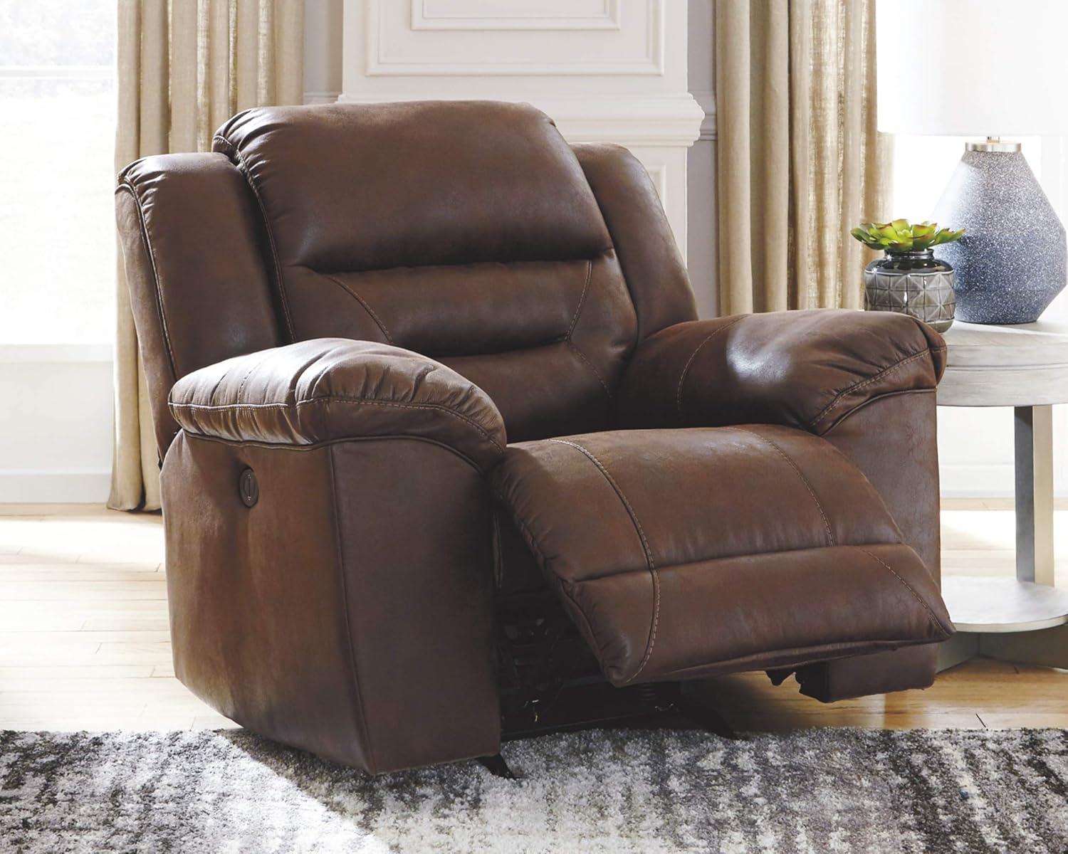 imageSignature Design by Ashley Stoneland Faux Leather Power Double Reclining Loveseat with Center Console Dark BrownBrown