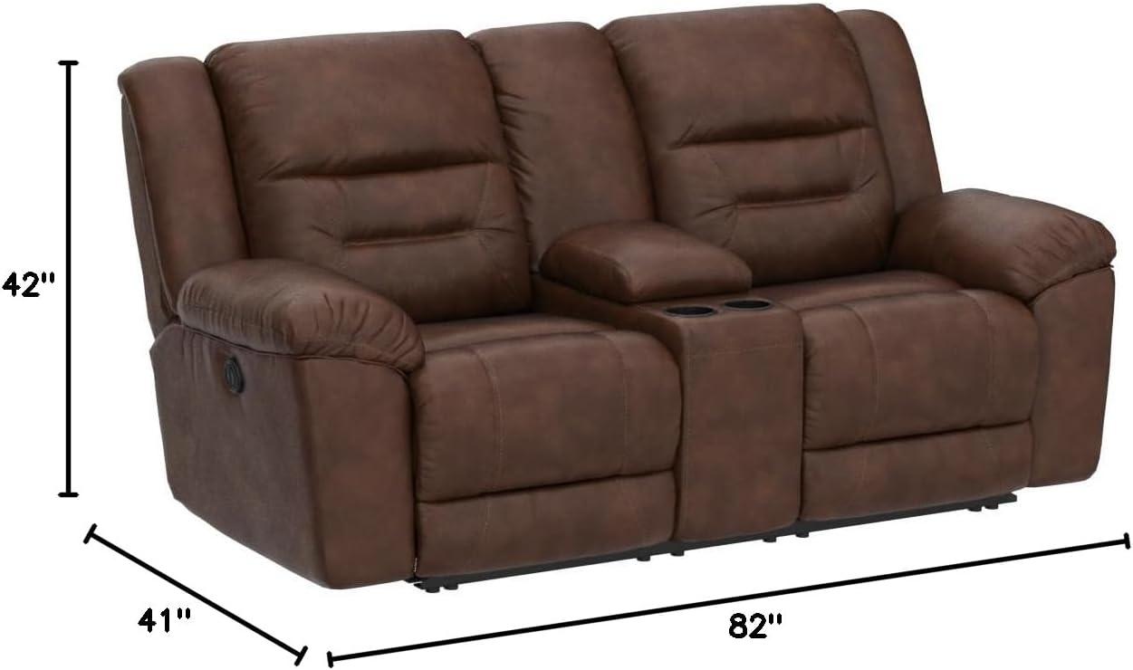 imageSignature Design by Ashley Stoneland Faux Leather Power Double Reclining Loveseat with Center Console Dark BrownBrown