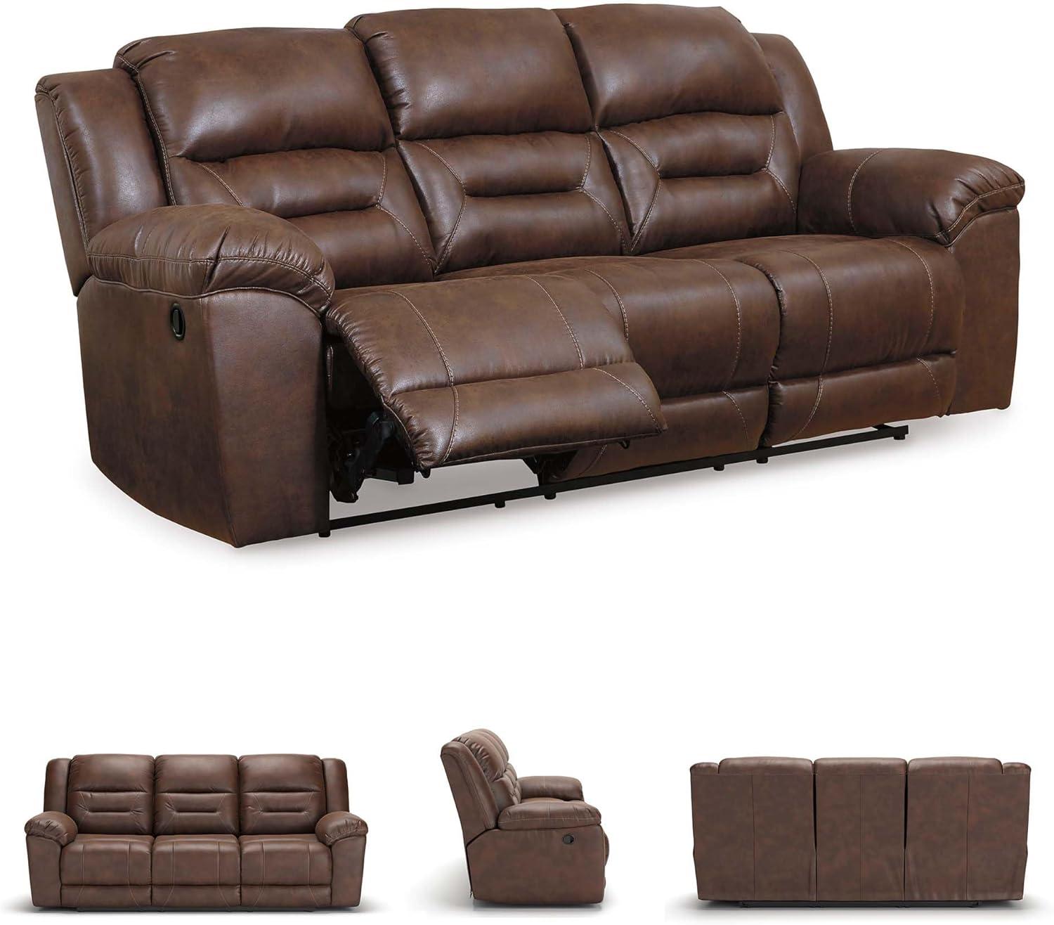 imageSignature Design by Ashley Stoneland Faux Leather Power Double Reclining Loveseat with Center Console Dark BrownBrown