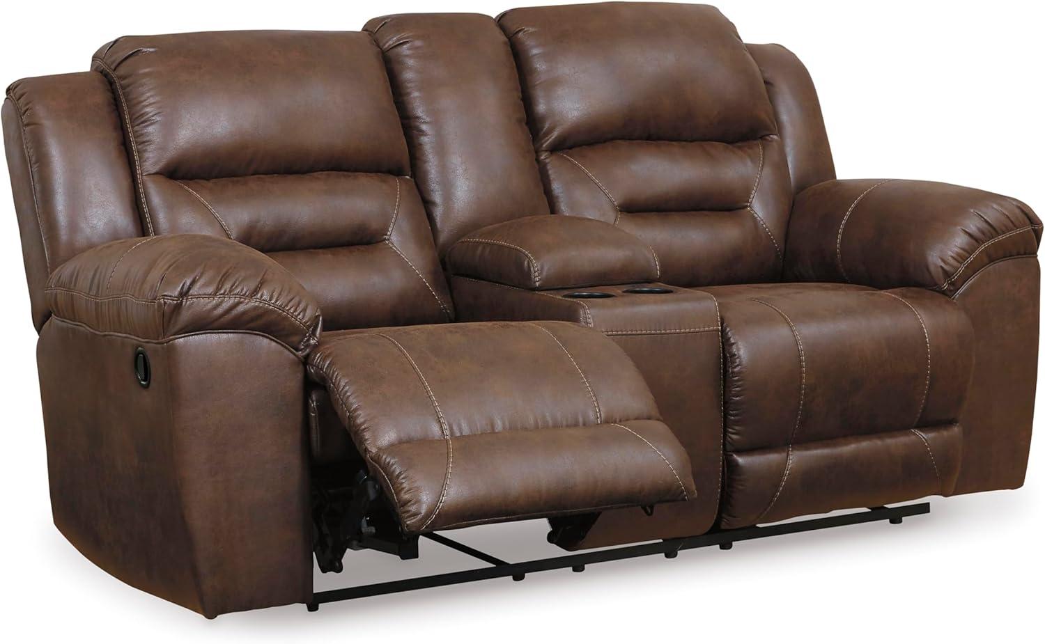 imageSignature Design by Ashley Stoneland Faux Leather Power Double Reclining Loveseat with Center Console Dark BrownBrown
