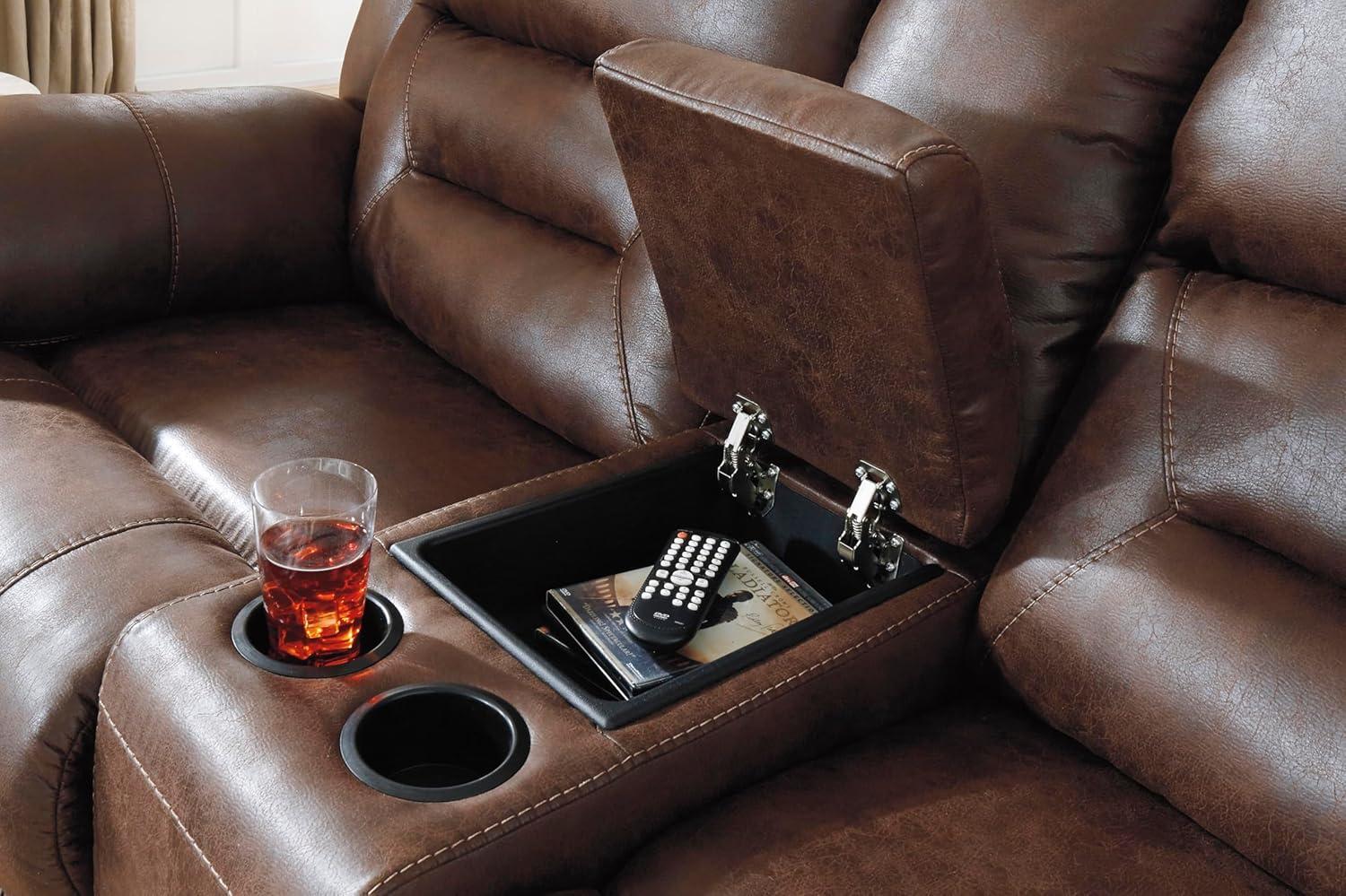 imageSignature Design by Ashley Stoneland Faux Leather Power Double Reclining Loveseat with Center Console Dark BrownBrown