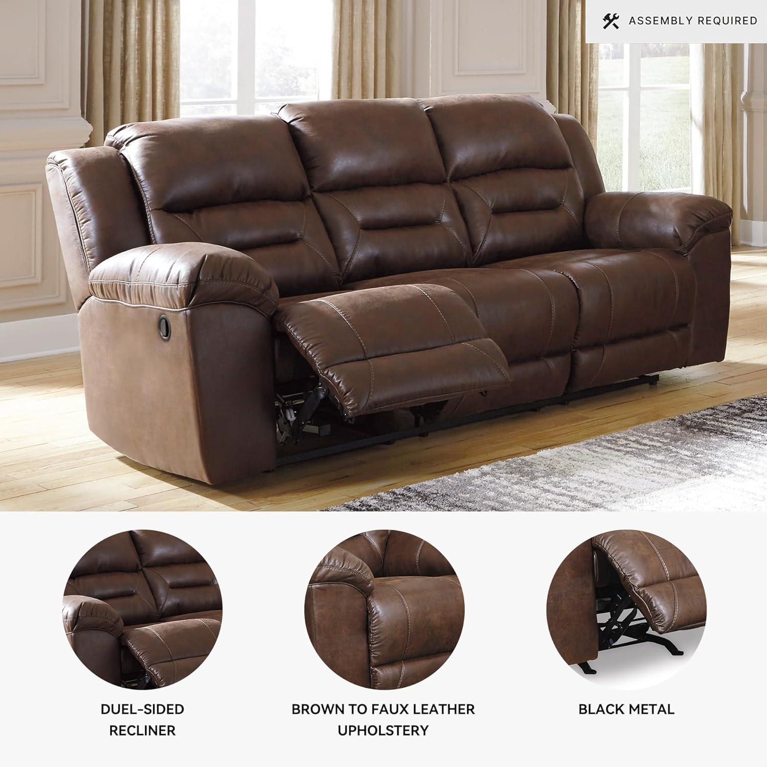 imageSignature Design by Ashley Stoneland Faux Leather Power Double Reclining Loveseat with Center Console Dark BrownBrown