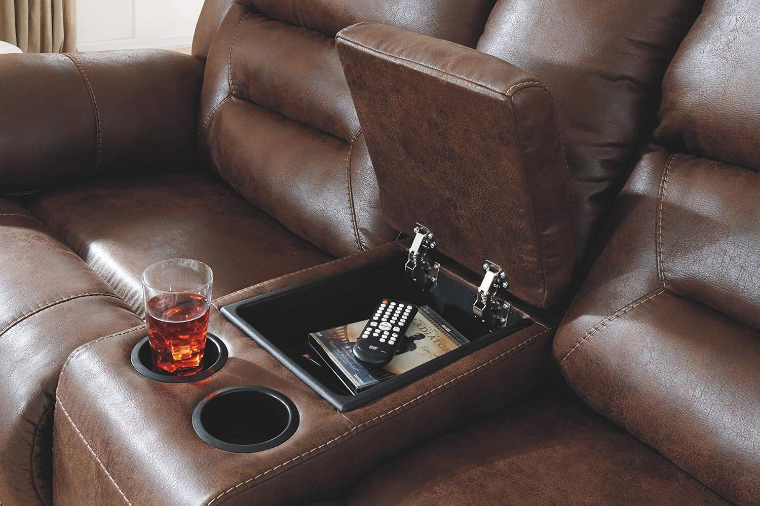 imageSignature Design by Ashley Stoneland Faux Leather Power Double Reclining Loveseat with Center Console Dark BrownBrown