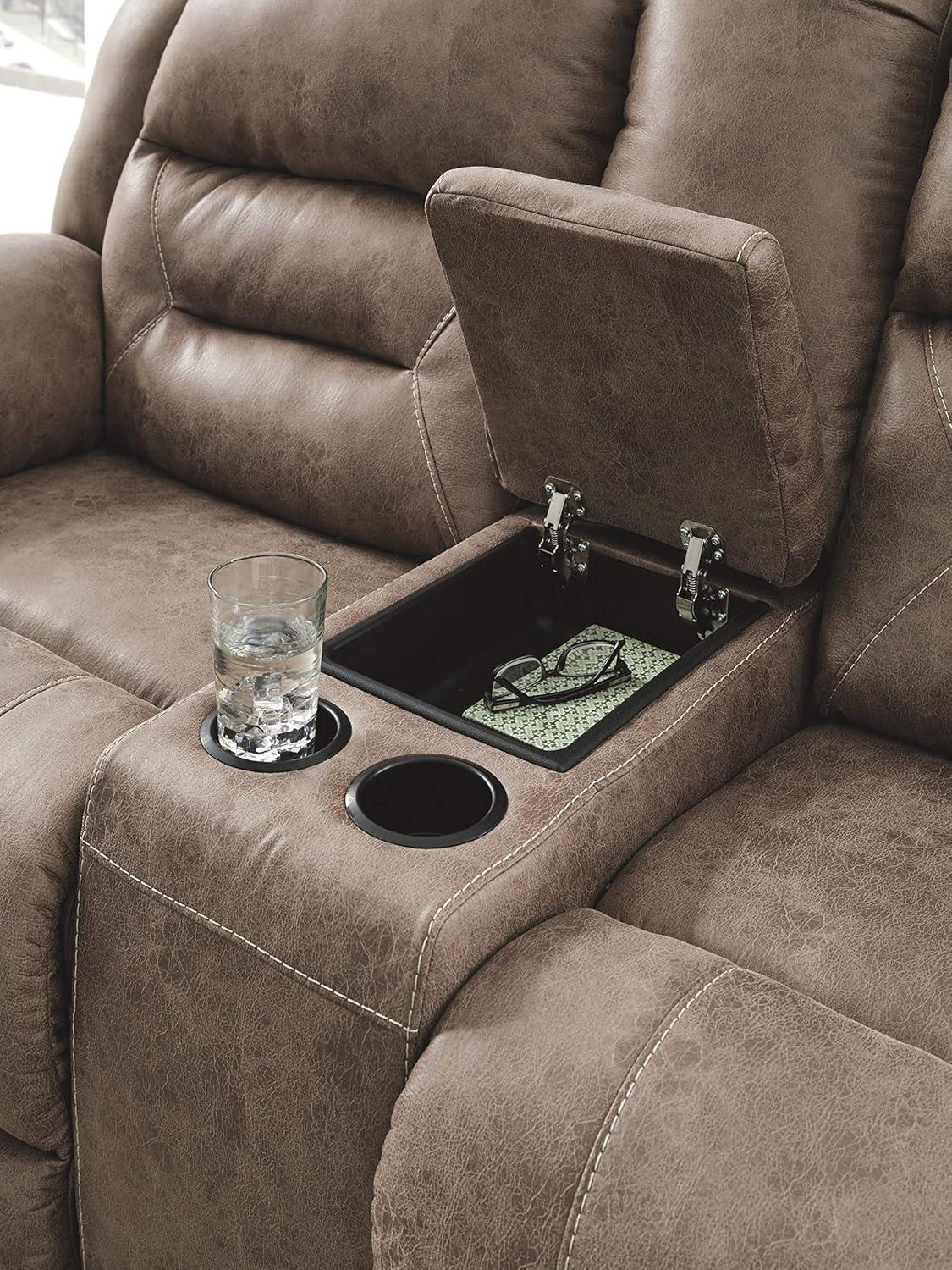 imageSignature Design by Ashley Stoneland Faux Leather Power Double Reclining Loveseat with Center Console Dark BrownGrey