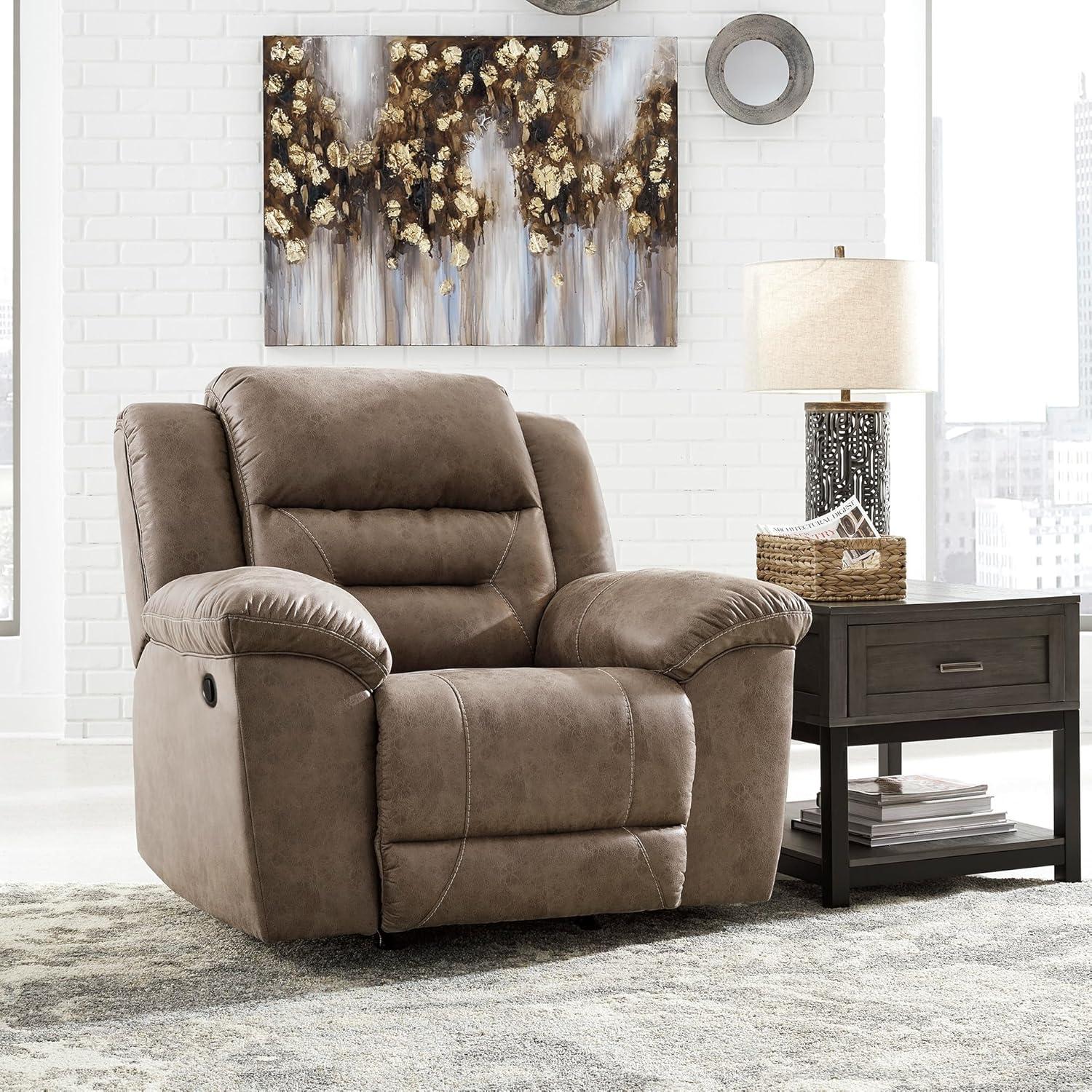 imageSignature Design by Ashley Stoneland Faux Leather Power Double Reclining Loveseat with Center Console Dark BrownGrey