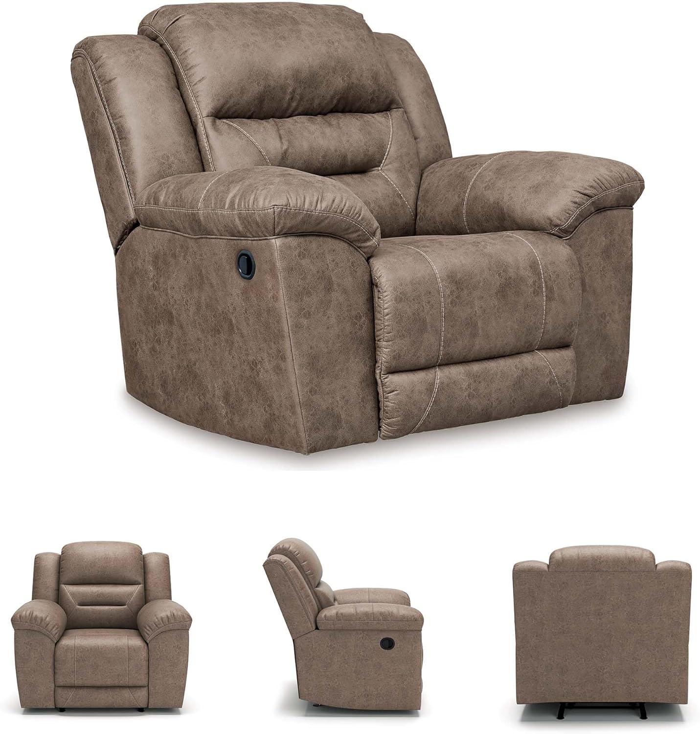 imageSignature Design by Ashley Stoneland Faux Leather Power Double Reclining Loveseat with Center Console Dark BrownGrey