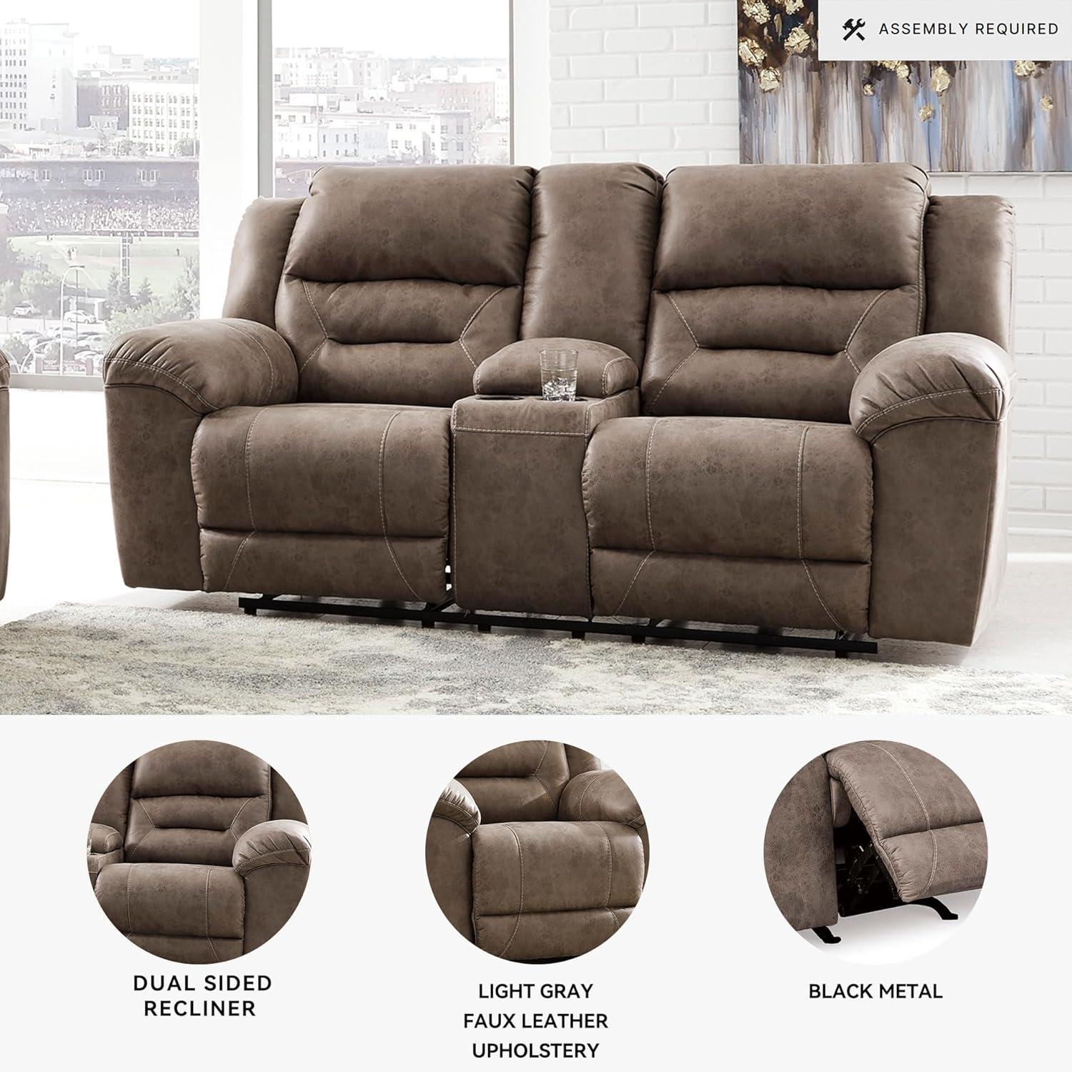 imageSignature Design by Ashley Stoneland Faux Leather Power Double Reclining Loveseat with Center Console Dark BrownGrey