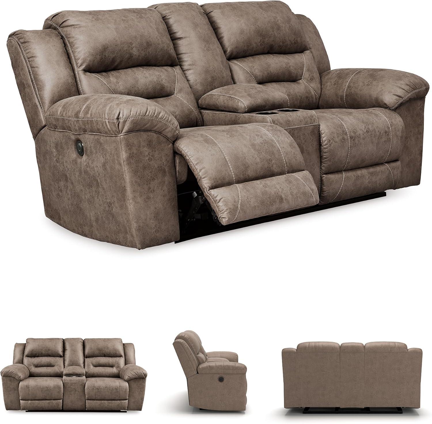 imageSignature Design by Ashley Stoneland Faux Leather Power Double Reclining Loveseat with Center Console Dark BrownGrey