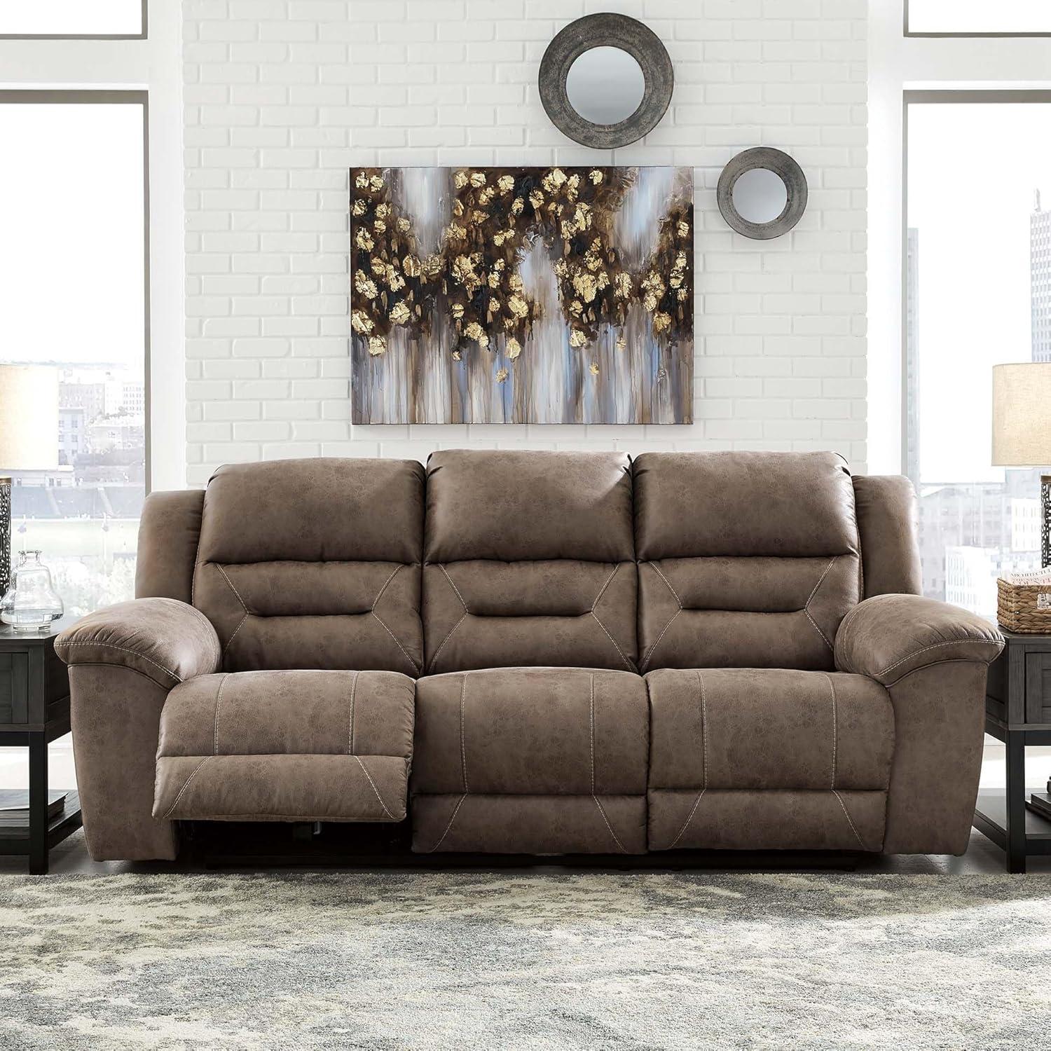 imageSignature Design by Ashley Stoneland Faux Leather Power Double Reclining Loveseat with Center Console Dark BrownGrey