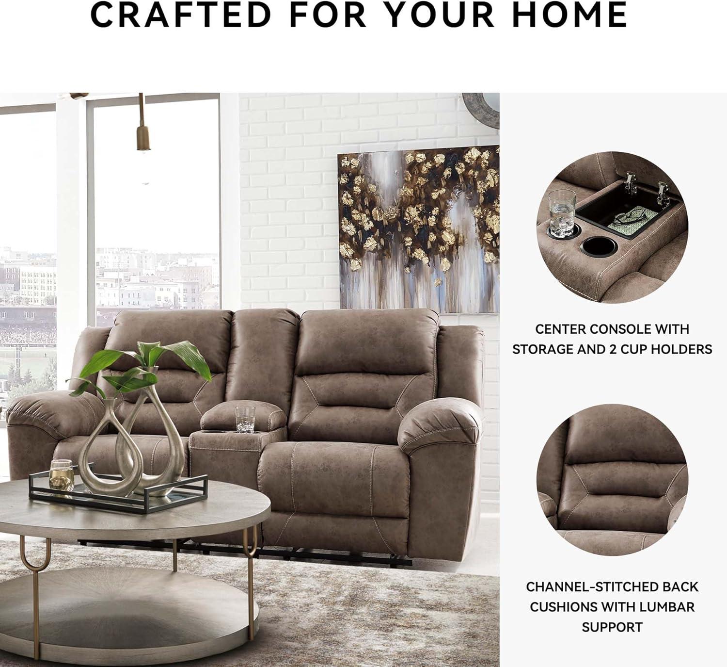 imageSignature Design by Ashley Stoneland Faux Leather Power Double Reclining Loveseat with Center Console Dark BrownGrey