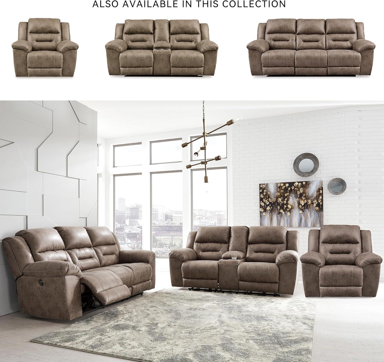 imageSignature Design by Ashley Stoneland Faux Leather Power Double Reclining Loveseat with Center Console Dark BrownGrey