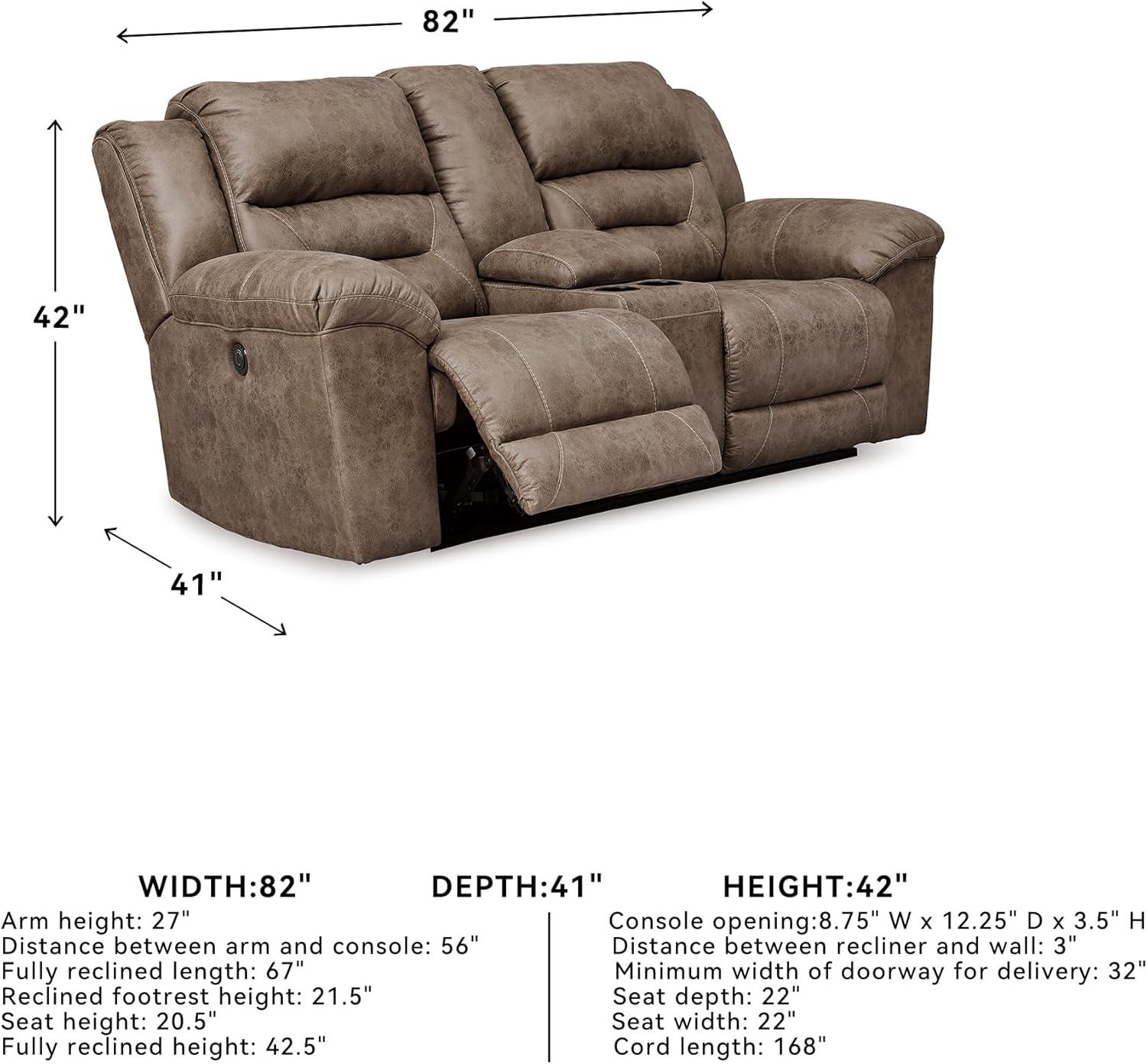 imageSignature Design by Ashley Stoneland Faux Leather Power Double Reclining Loveseat with Center Console Dark BrownGrey