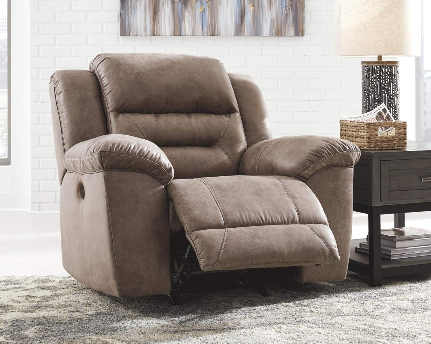 imageSignature Design by Ashley Stoneland Faux Leather Power Double Reclining Loveseat with Center Console Dark BrownGrey