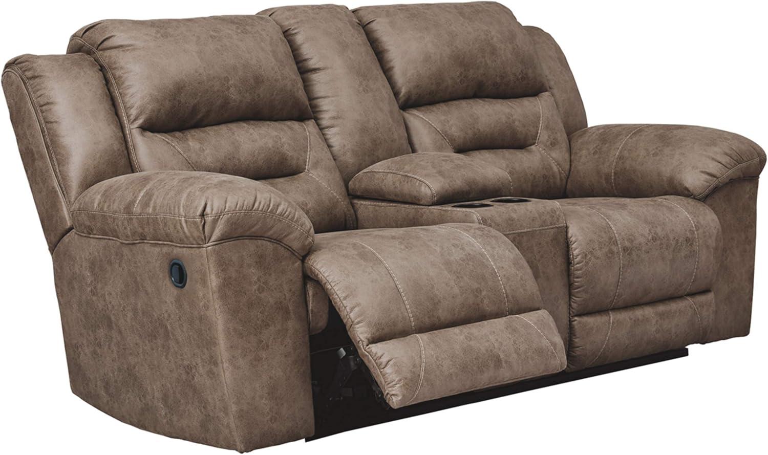 imageSignature Design by Ashley Stoneland Faux Leather Power Double Reclining Loveseat with Center Console Dark BrownGrey