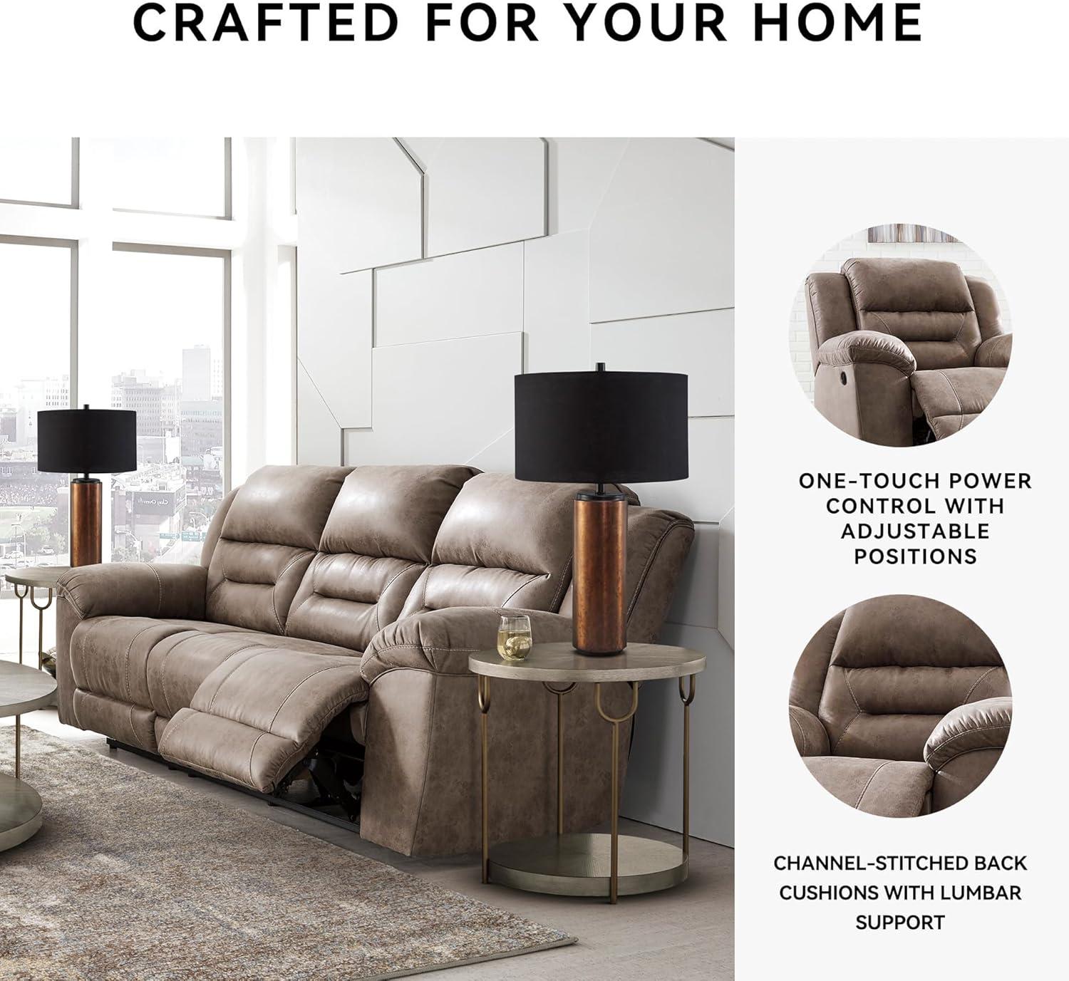 imageSignature Design by Ashley Stoneland Faux Leather Power Double Reclining Loveseat with Center Console Dark BrownGrey