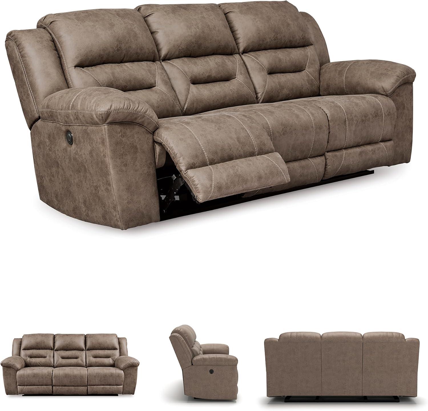 imageSignature Design by Ashley Stoneland Faux Leather Power Double Reclining Loveseat with Center Console Dark BrownGrey