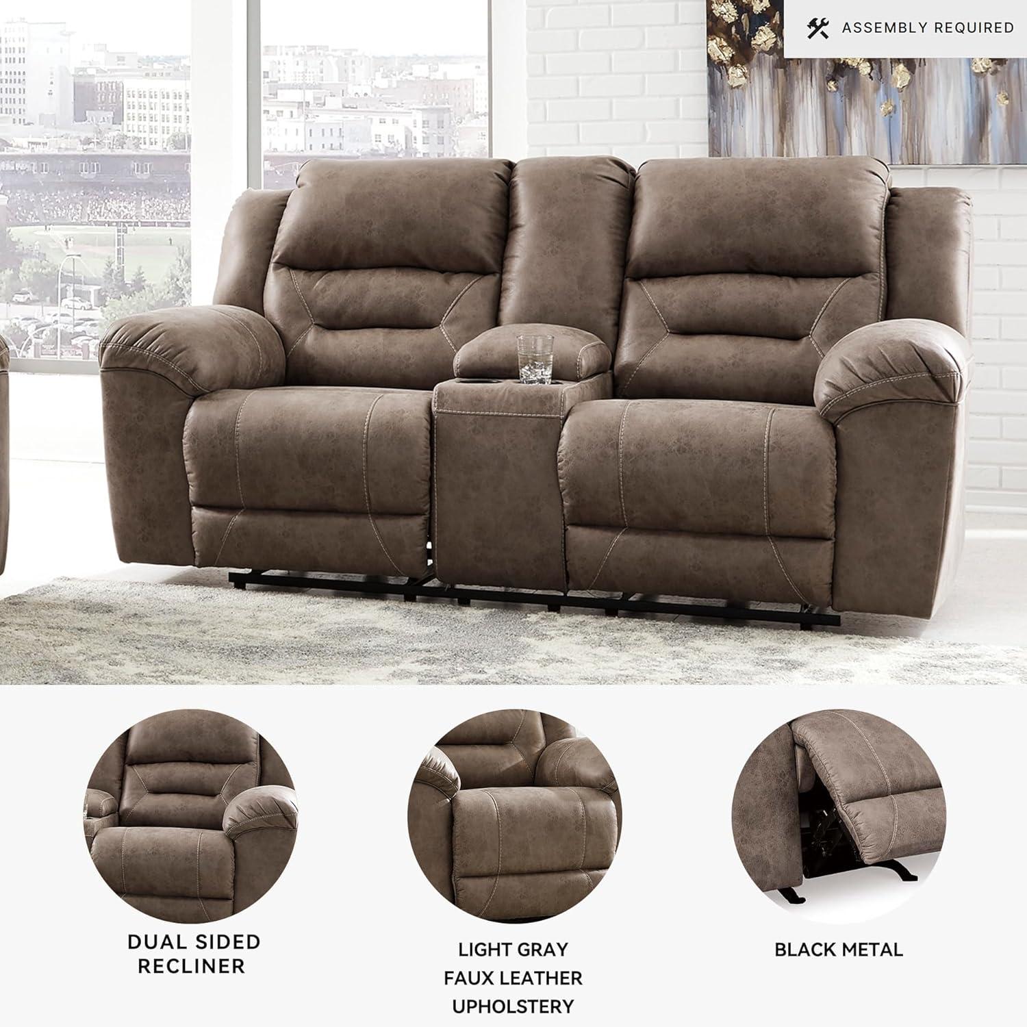 imageSignature Design by Ashley Stoneland Faux Leather Power Double Reclining Loveseat with Center Console Dark BrownGrey