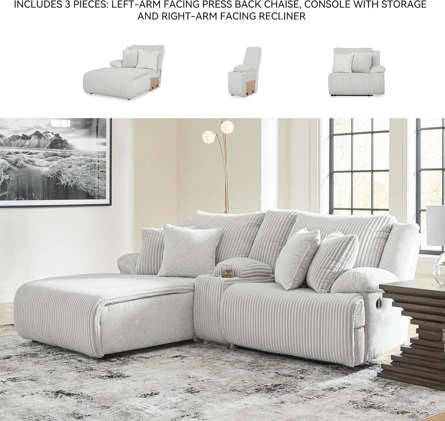 imageSignature Design by Ashley Top Tier Casual LShaped LeftArm Facing 3Piece Reclining Sectional Sofa with Chaise Console Storage and 4 Accent Pillows White