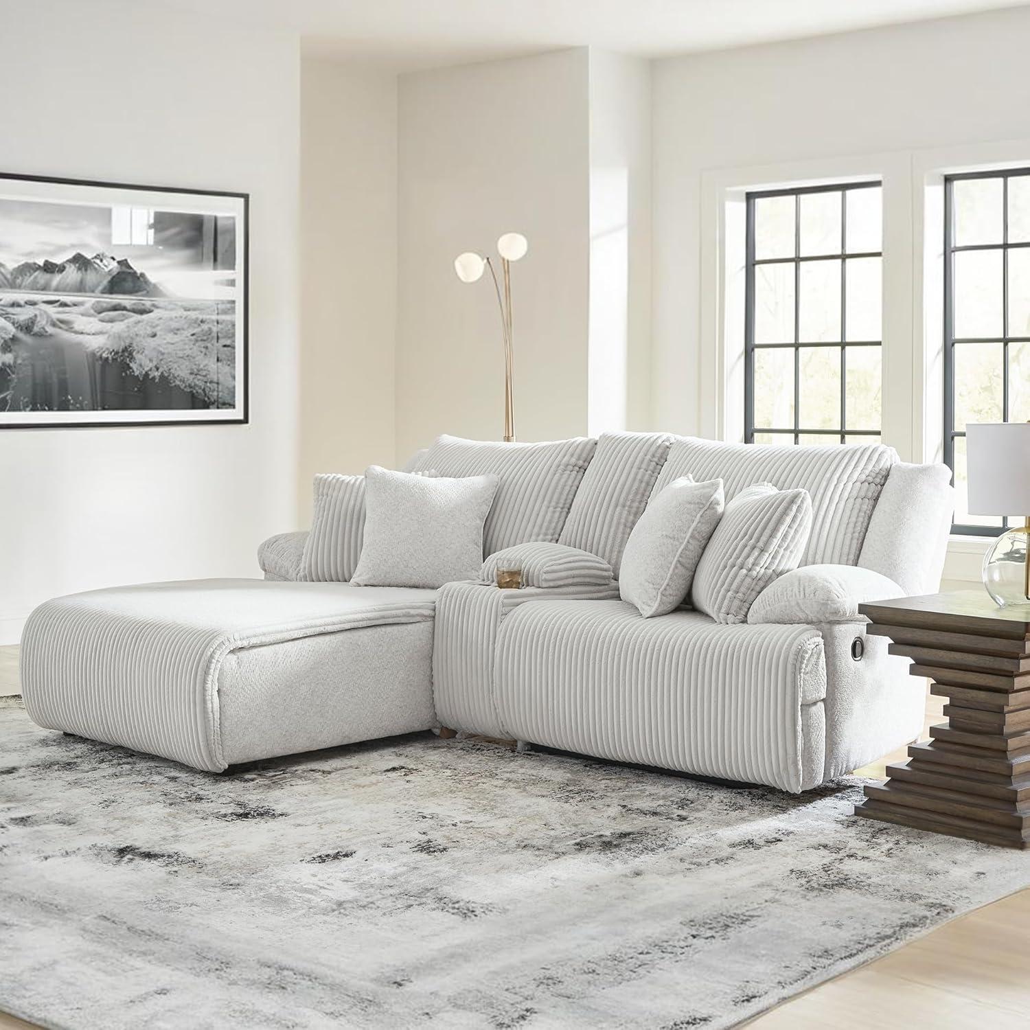 imageSignature Design by Ashley Top Tier Casual LShaped LeftArm Facing 3Piece Reclining Sectional Sofa with Chaise Console Storage and 4 Accent Pillows White