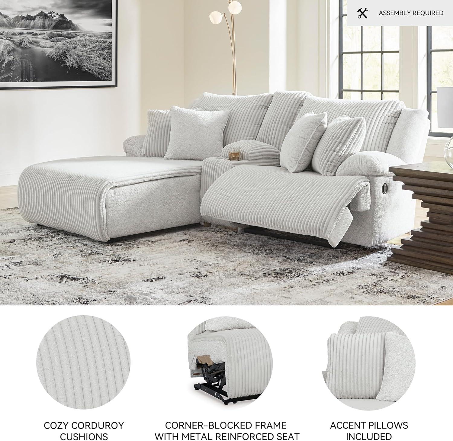 imageSignature Design by Ashley Top Tier Casual LShaped LeftArm Facing 3Piece Reclining Sectional Sofa with Chaise Console Storage and 4 Accent Pillows White