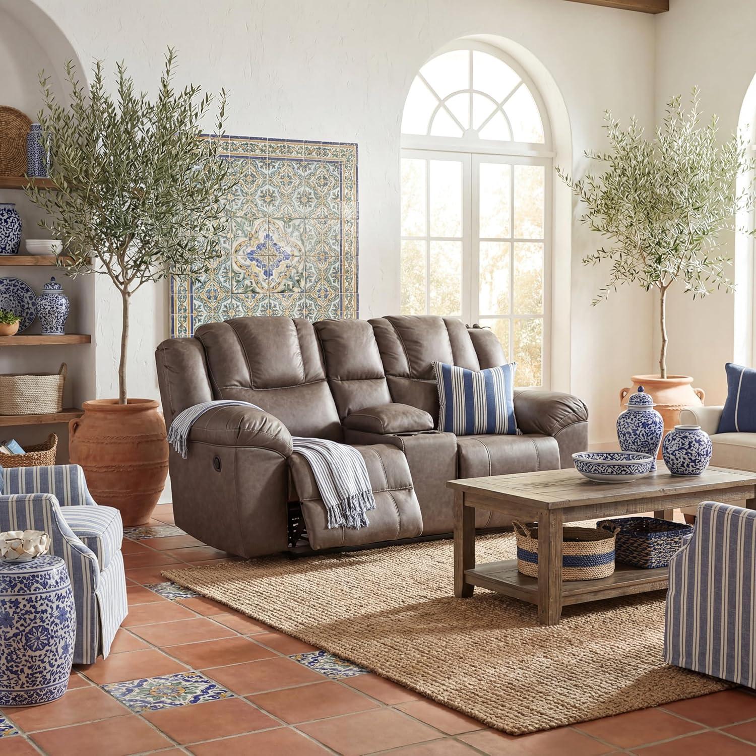 imageSignature Design by Ashley Windsley Casual Faux Leather Pull Tab Reclining Sofa with PillowTop Arms Dark BrownReclining Loveseat with Console