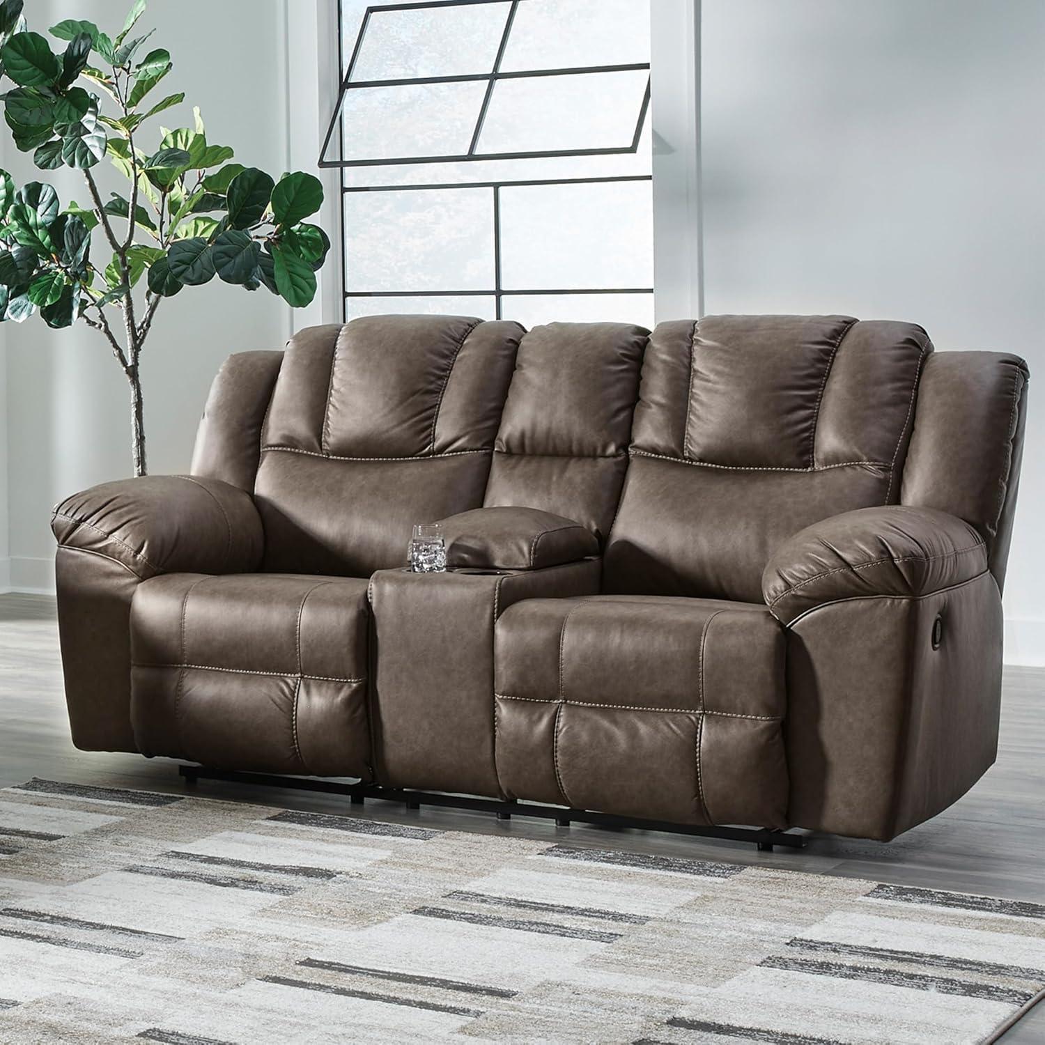 imageSignature Design by Ashley Windsley Casual Faux Leather Pull Tab Reclining Sofa with PillowTop Arms Dark BrownReclining Loveseat with Console