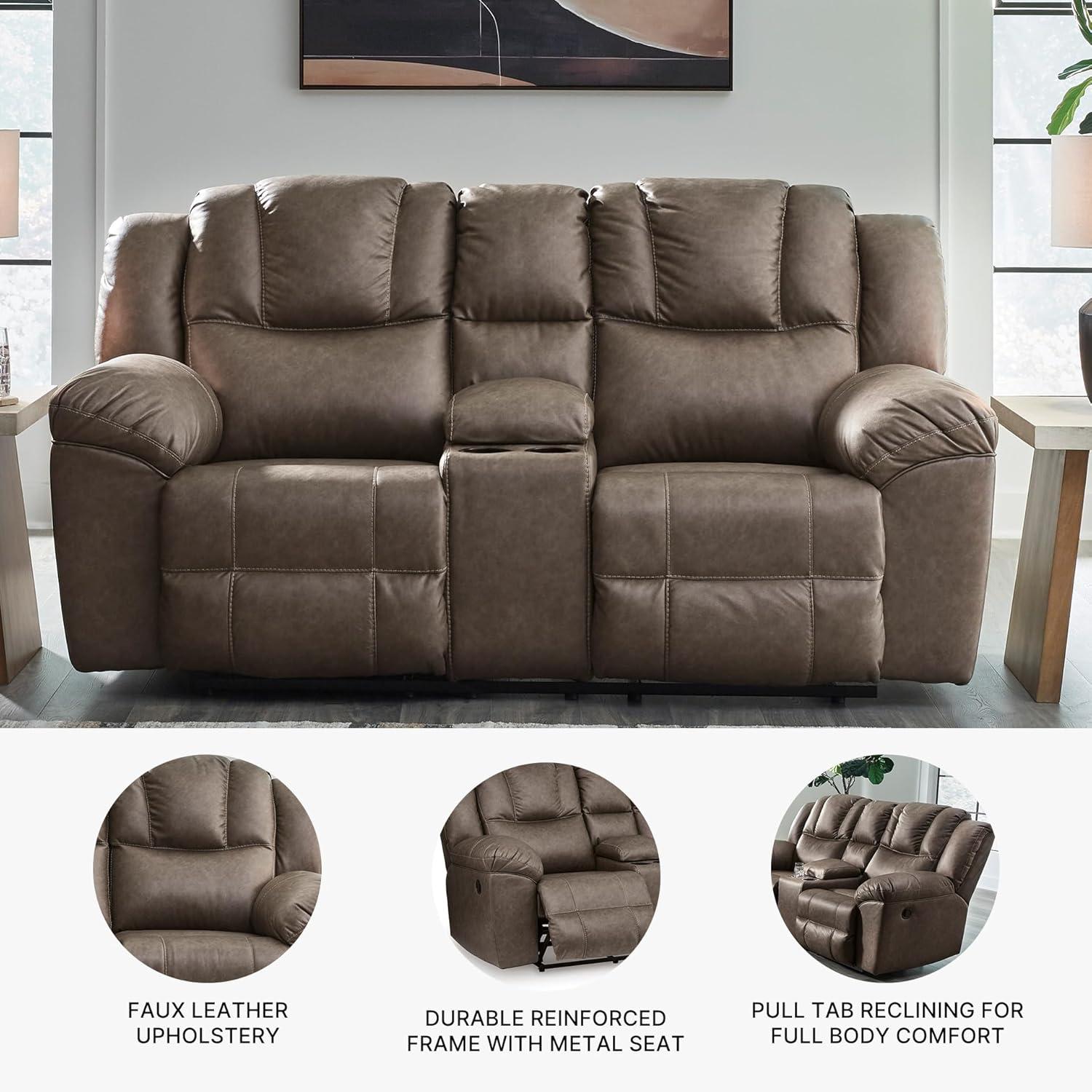 imageSignature Design by Ashley Windsley Casual Faux Leather Pull Tab Reclining Sofa with PillowTop Arms Dark BrownReclining Loveseat with Console