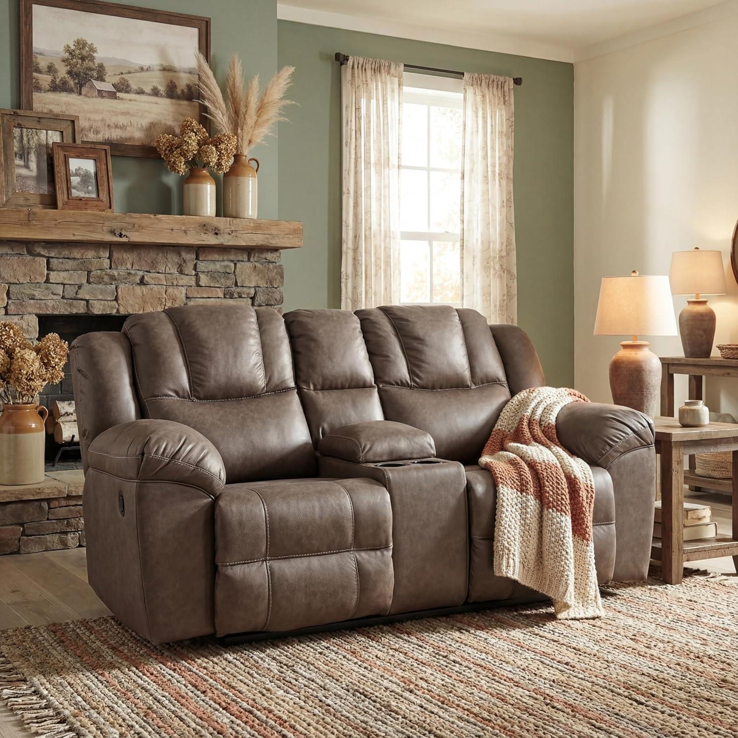 imageSignature Design by Ashley Windsley Casual Faux Leather Pull Tab Reclining Sofa with PillowTop Arms Dark BrownReclining Loveseat with Console
