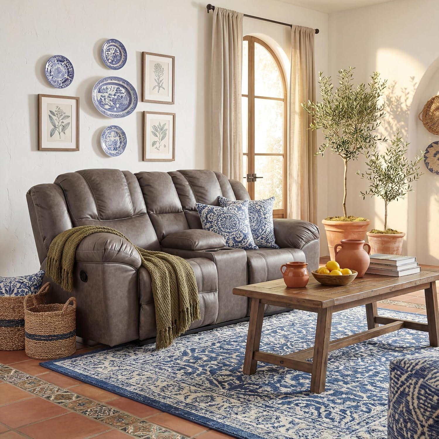 imageSignature Design by Ashley Windsley Casual Faux Leather Pull Tab Reclining Sofa with PillowTop Arms Dark BrownReclining Loveseat with Console